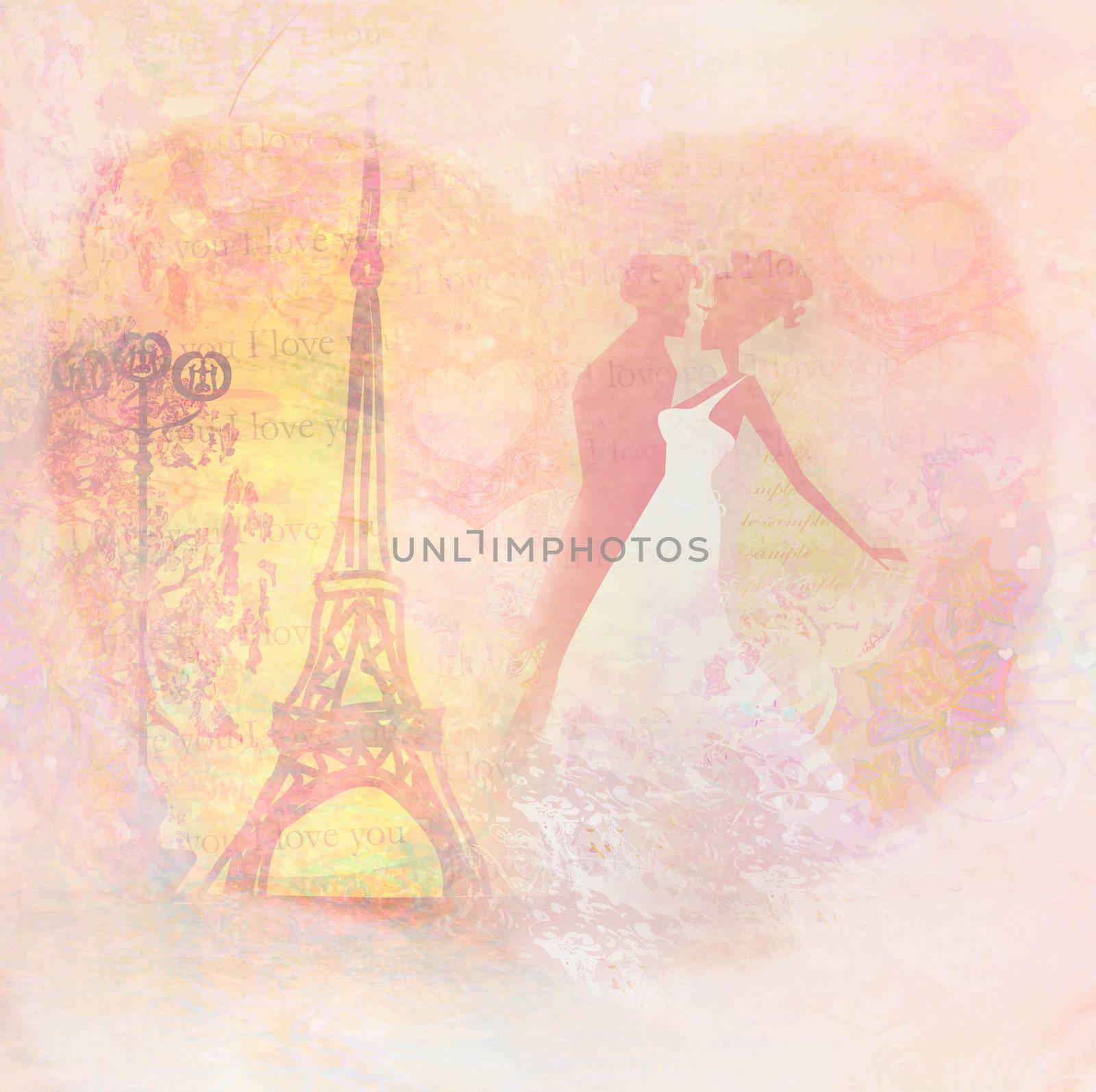 Romantic couple in Paris kissing near the Eiffel Tower, Retro card