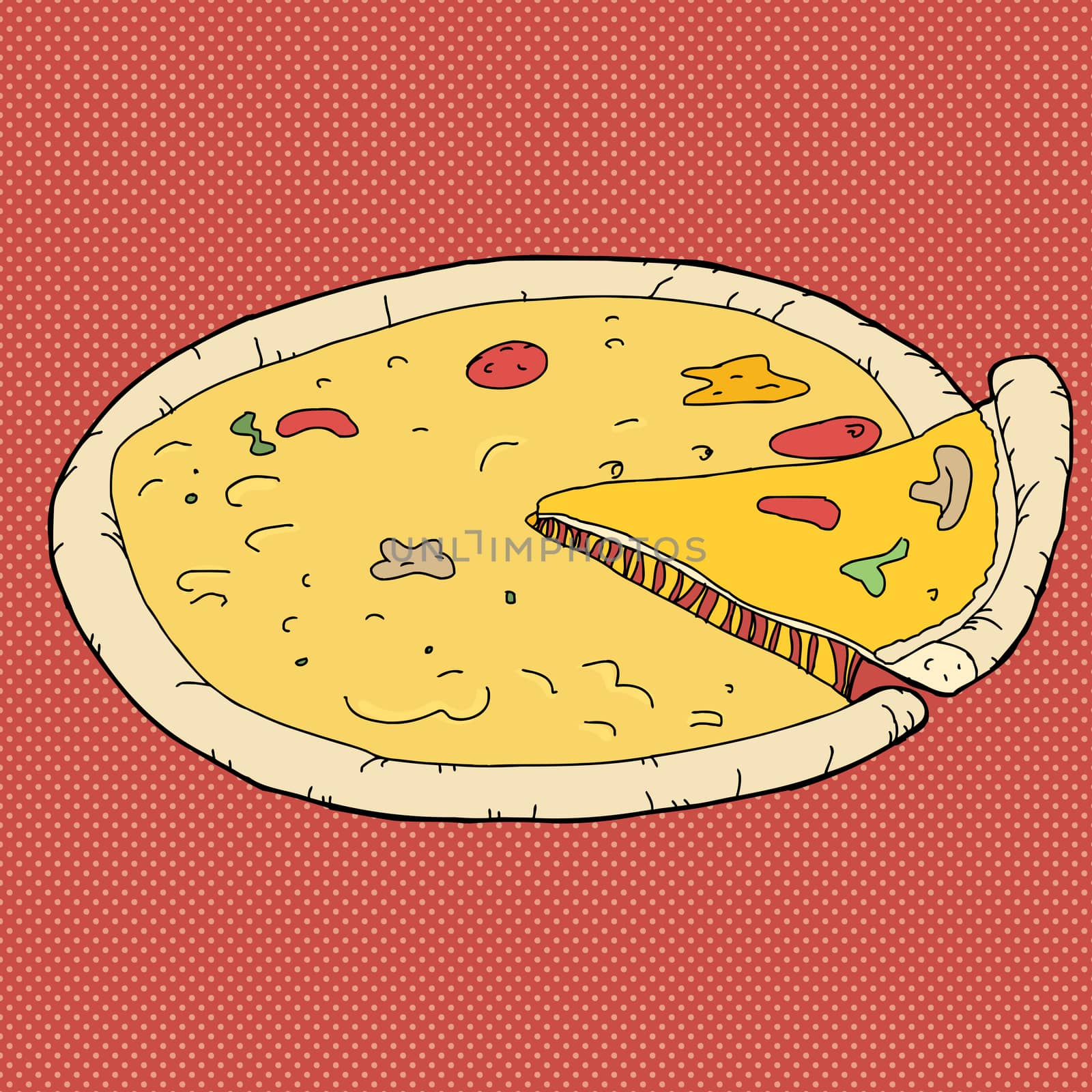 Slice taken from cheese pizza over red background