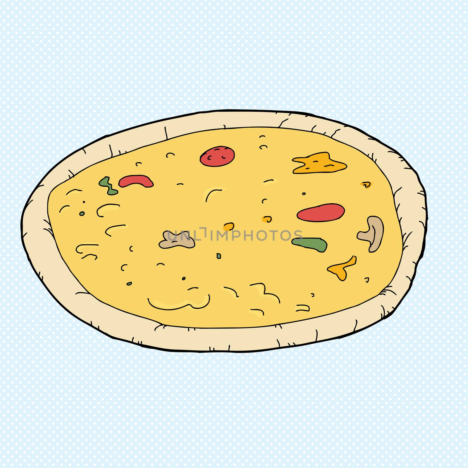 Single whole round pizza over blue background