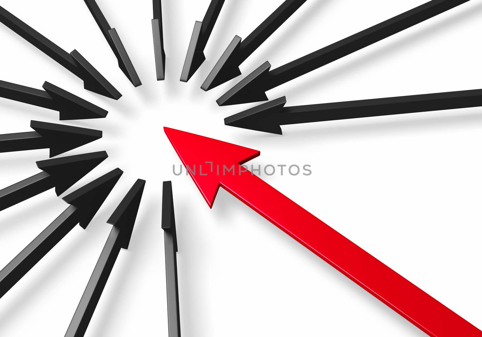 Close up of a red arrow standing out from and breaking into a circle formed by several black arrows. Isolated on white.
