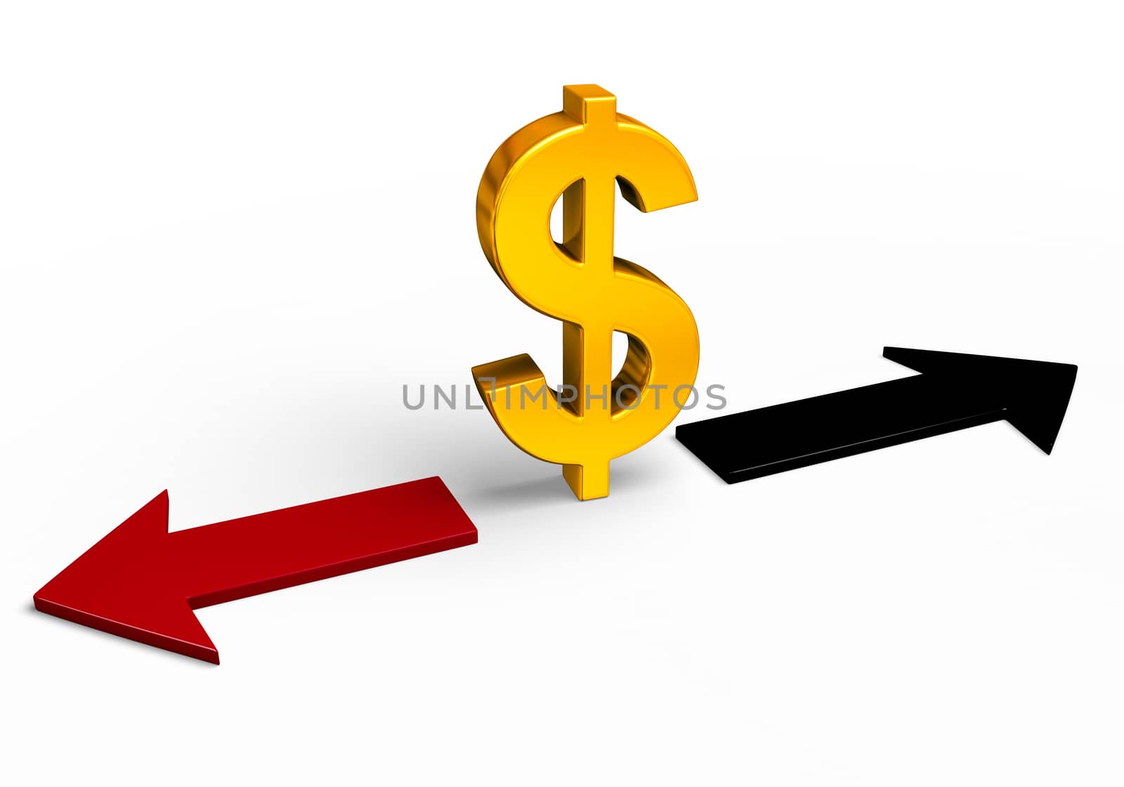 A bright, gold dollar sign stands between a red arrow pointing back towards losses and a black arrow pointing forward towards gains.  Isolated on white.
