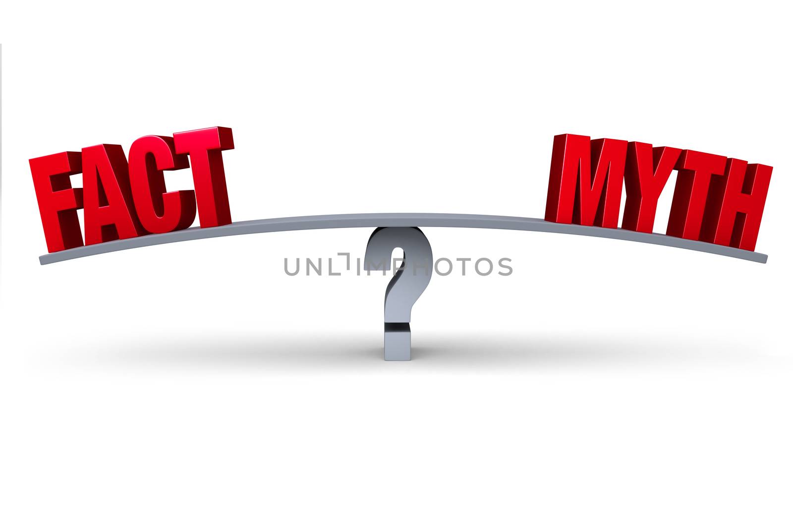 A red "FACT" and a red "MYTH" sit on opposite ends of a gray board balanced on a gray question mark. Isolated on white.