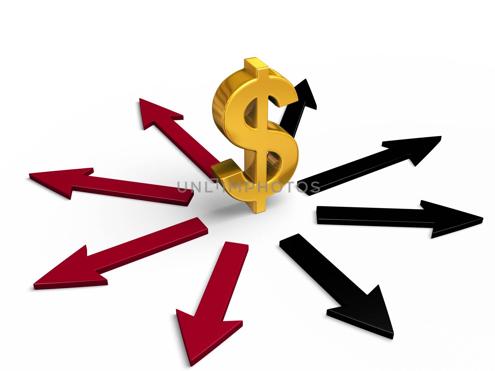 A bright, gold dollar sign stands in center of black and red arrows pointing in different directions.  Red arrows point to losses, black arrows to gains.  Isolated on white.
