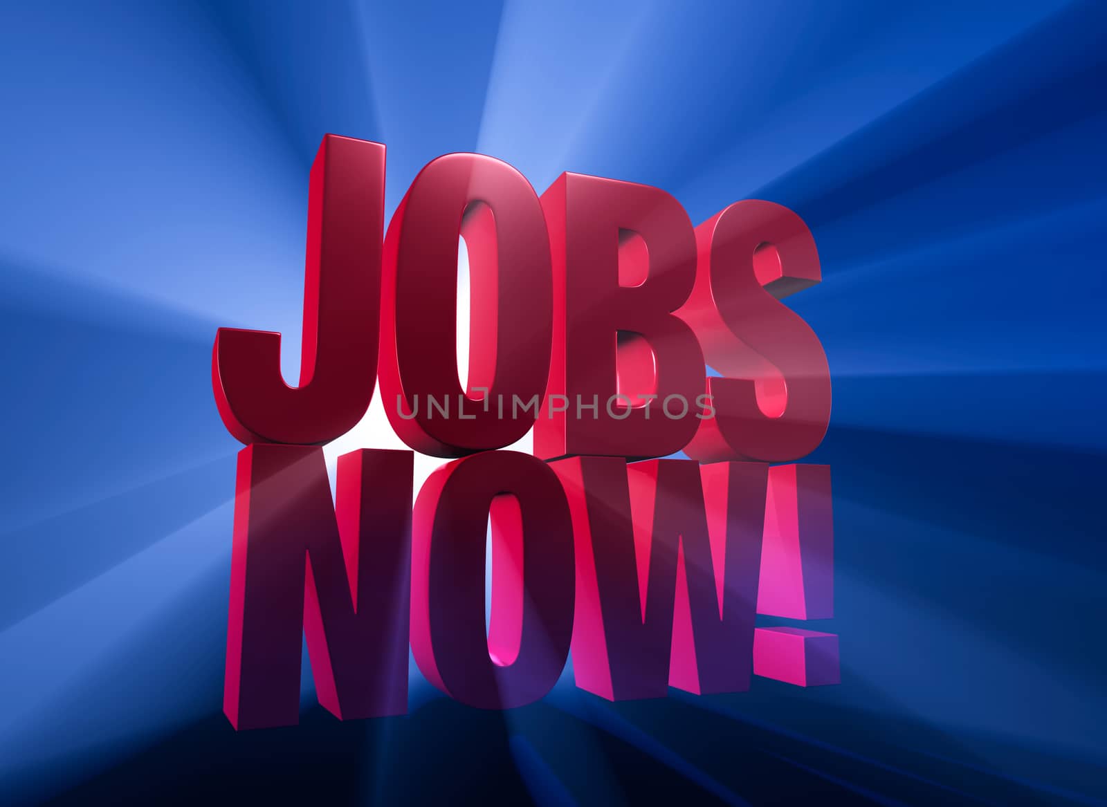 Bold, red "JOBS NOW!" on dark blue background brilliantly backlight with light rays shining through.