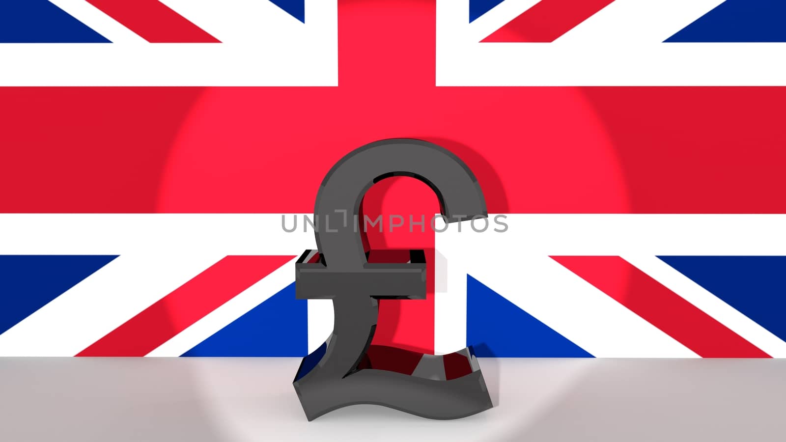 Currency symbol Pound made of dark metal in spotlight in front of british flag