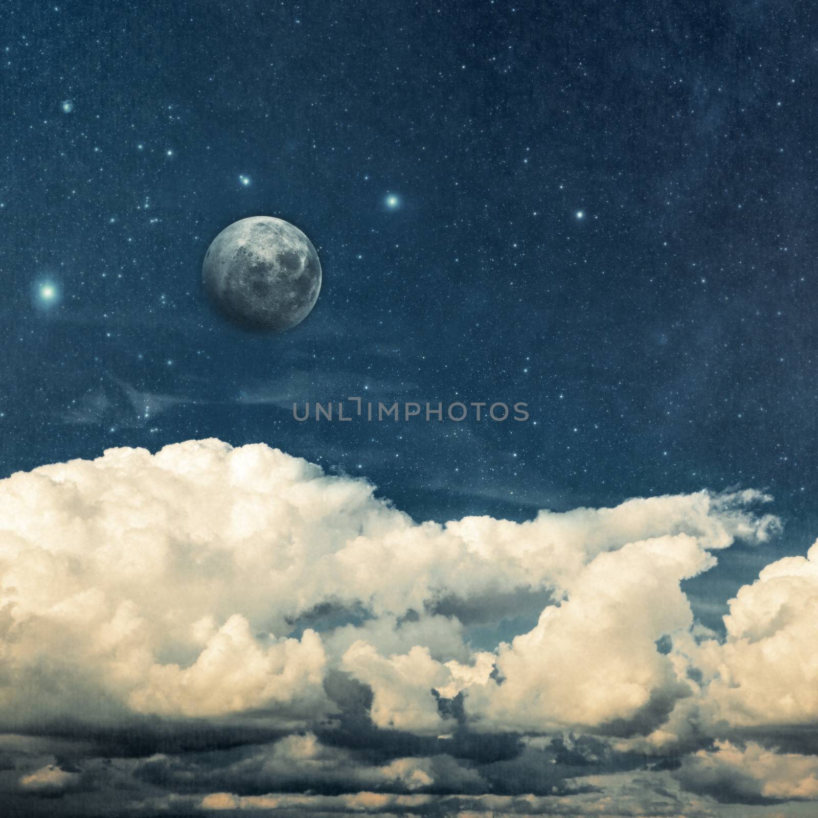 clouds and moon on a textured vintage paper background