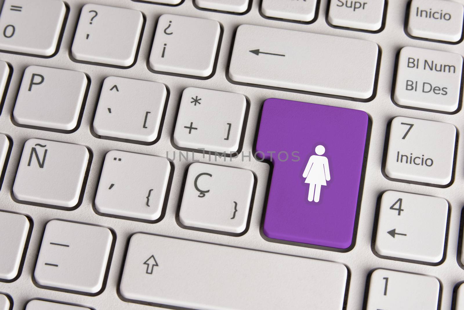 Spanish keyboard with female gender women figure icon over purple background button. Image with clipping path for easy change the key color and editing.