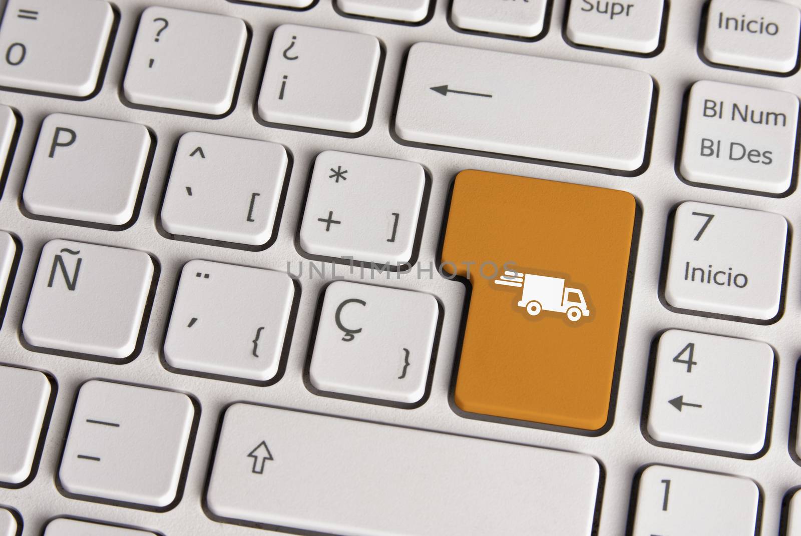 Delivery concept, shipping truck keyboard key. by cienpies