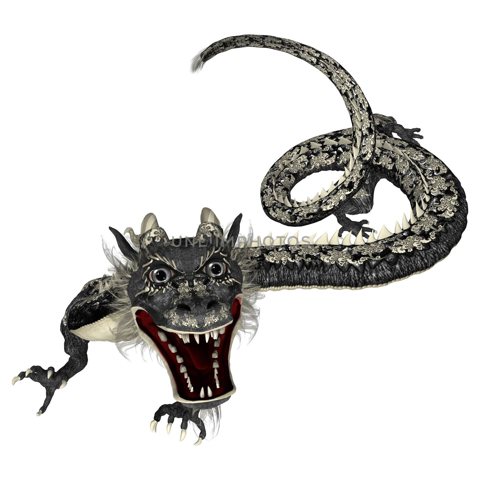 3D digital render of a black Eastern dragon isolated on white background