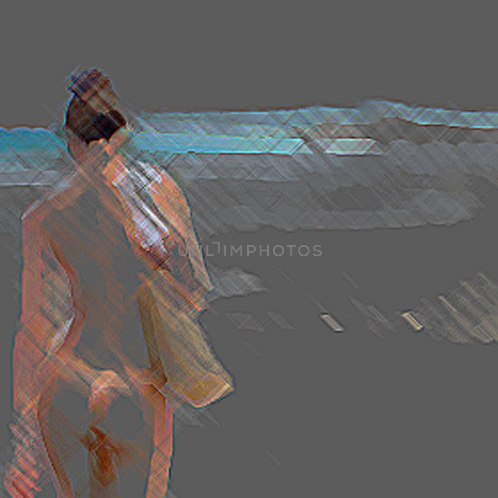 Digital impression of a topless woman model walking along a beach
