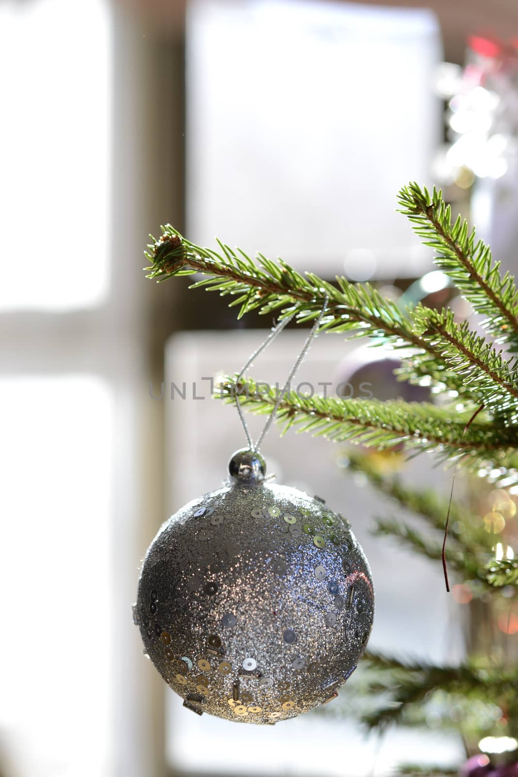 christmas ball suspended from a branch by ncuisinier