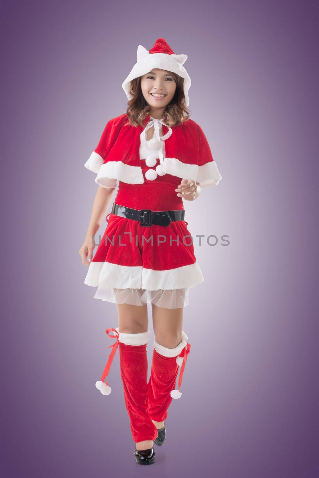 Asian Christmas girl walk, full length portrait.