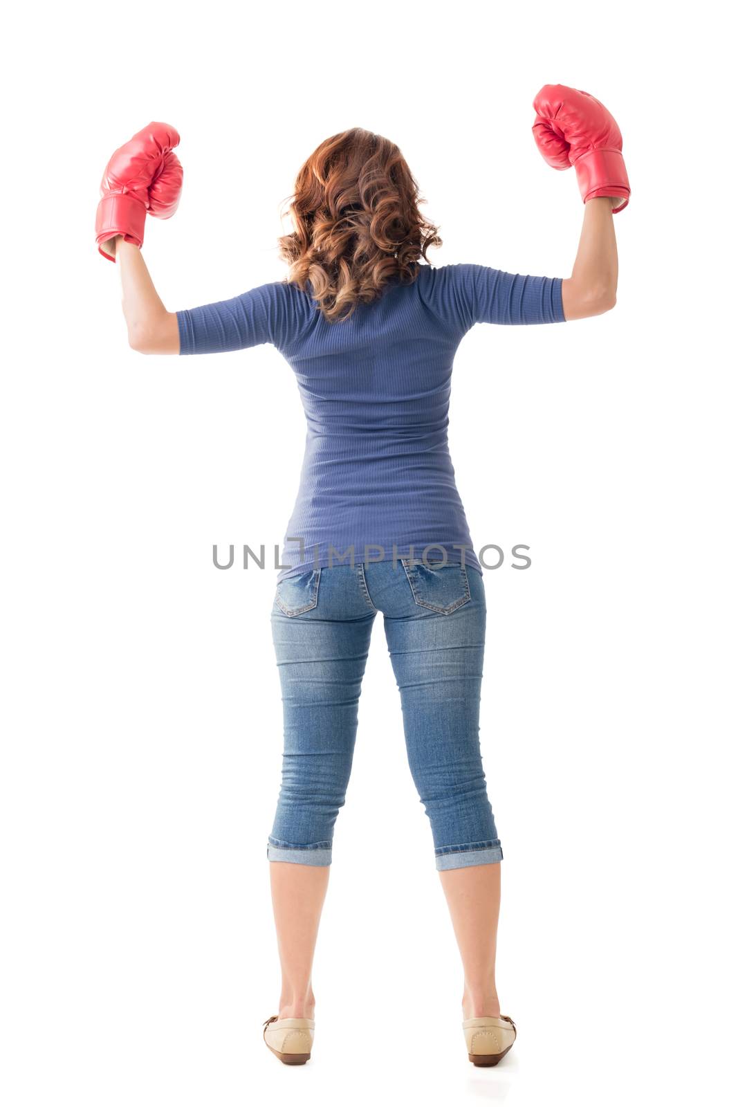 Fighting girl concept, rear view full length portrait of Asian isolated.