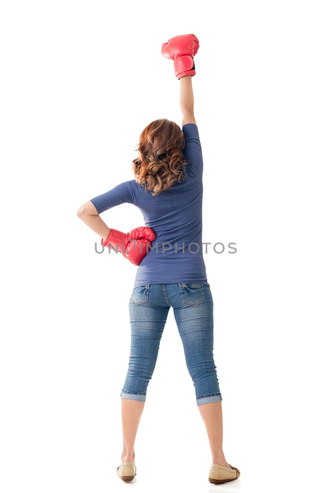 Fighting girl concept, rear view full length portrait of Asian isolated.