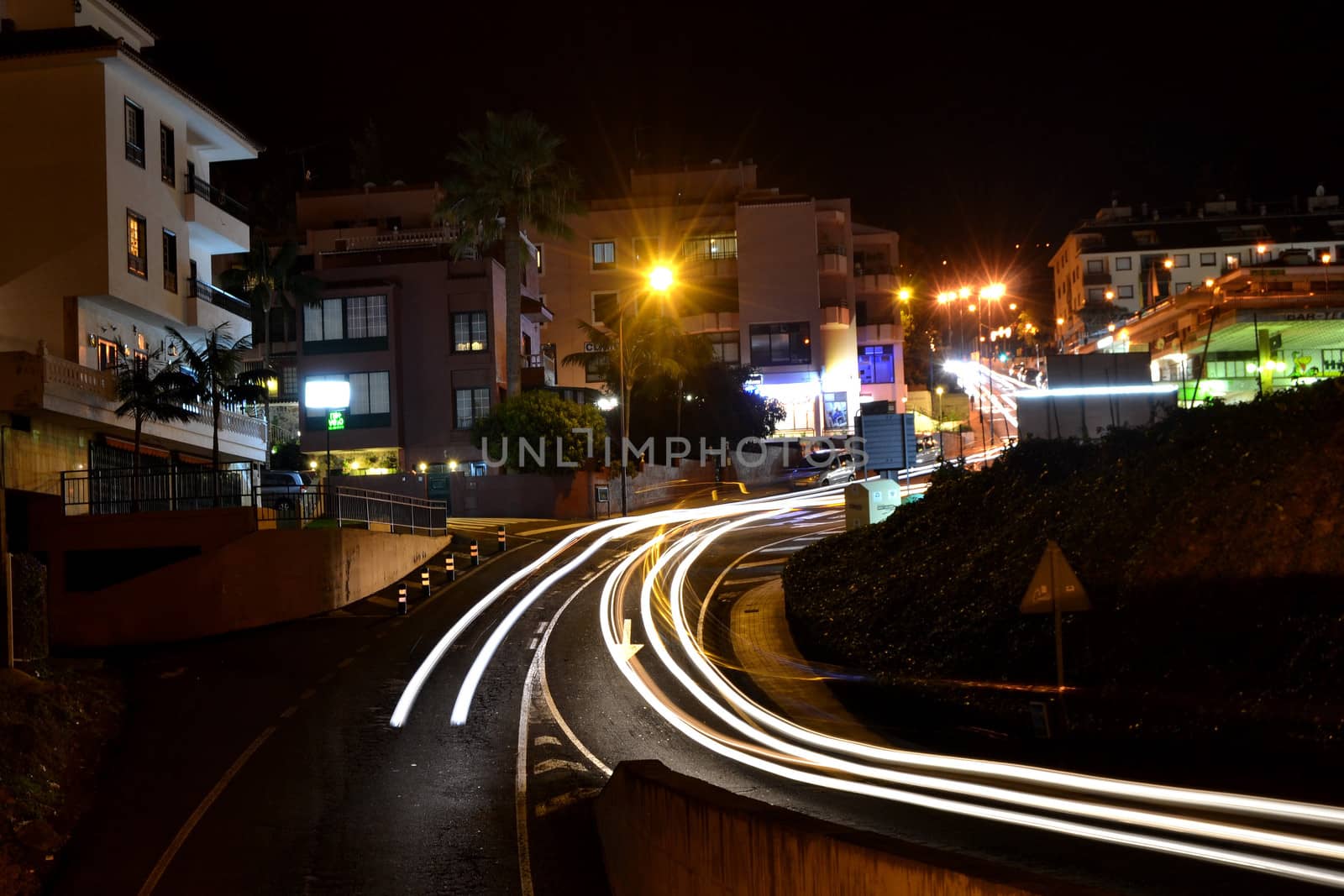 rays of cars lights, by night, La Orotava, Tenerife, Spain