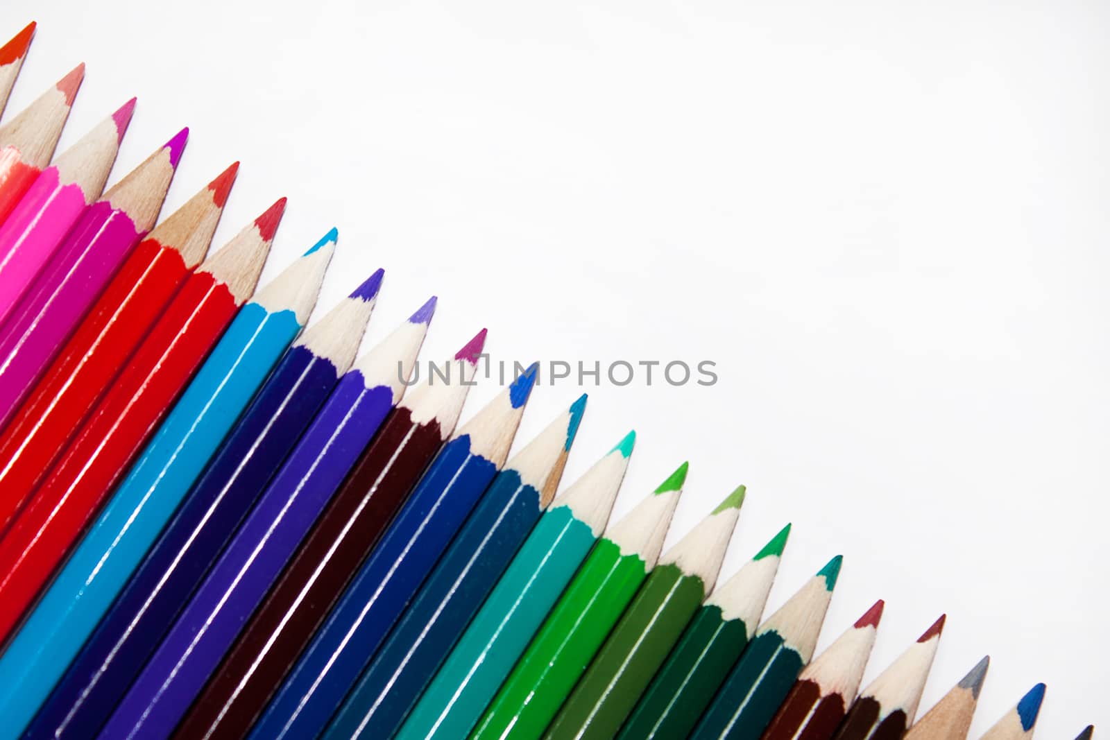 Wooden pencils in a aiagonal on the white background