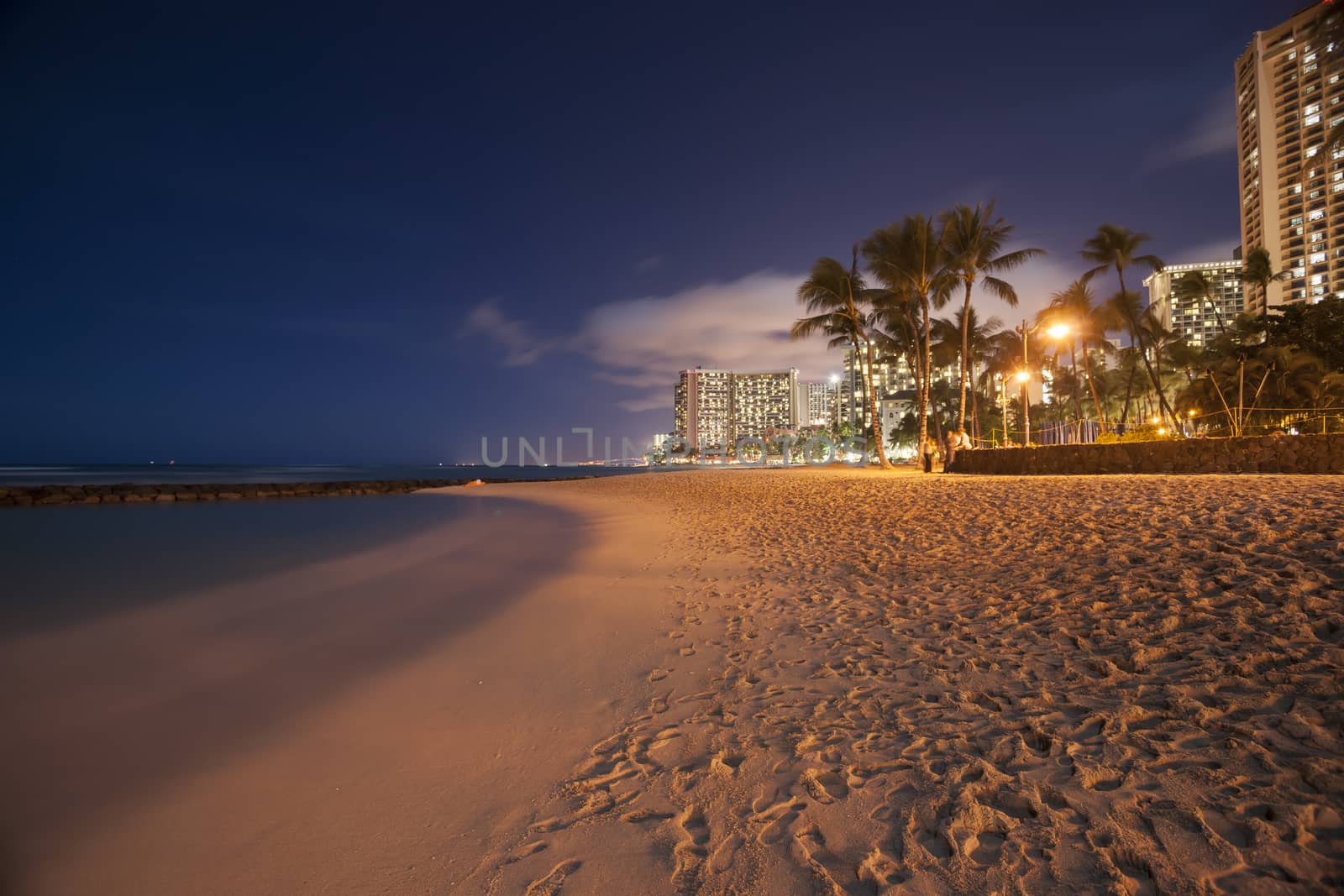 Waikiki Beach at night, Honolulu, Hawaii.