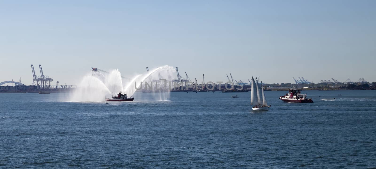 New York, USA, SEPT 27, 2014: The New York City Fire Department Boat practices maneuvers  in the Hudson River off New York City