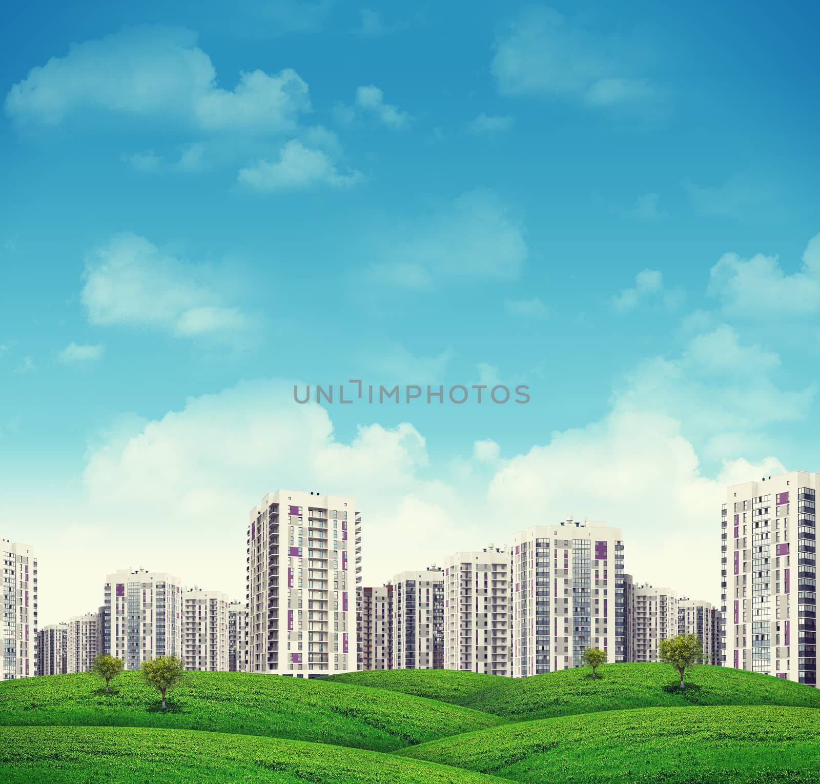 High-rise buildings over green hills by cherezoff