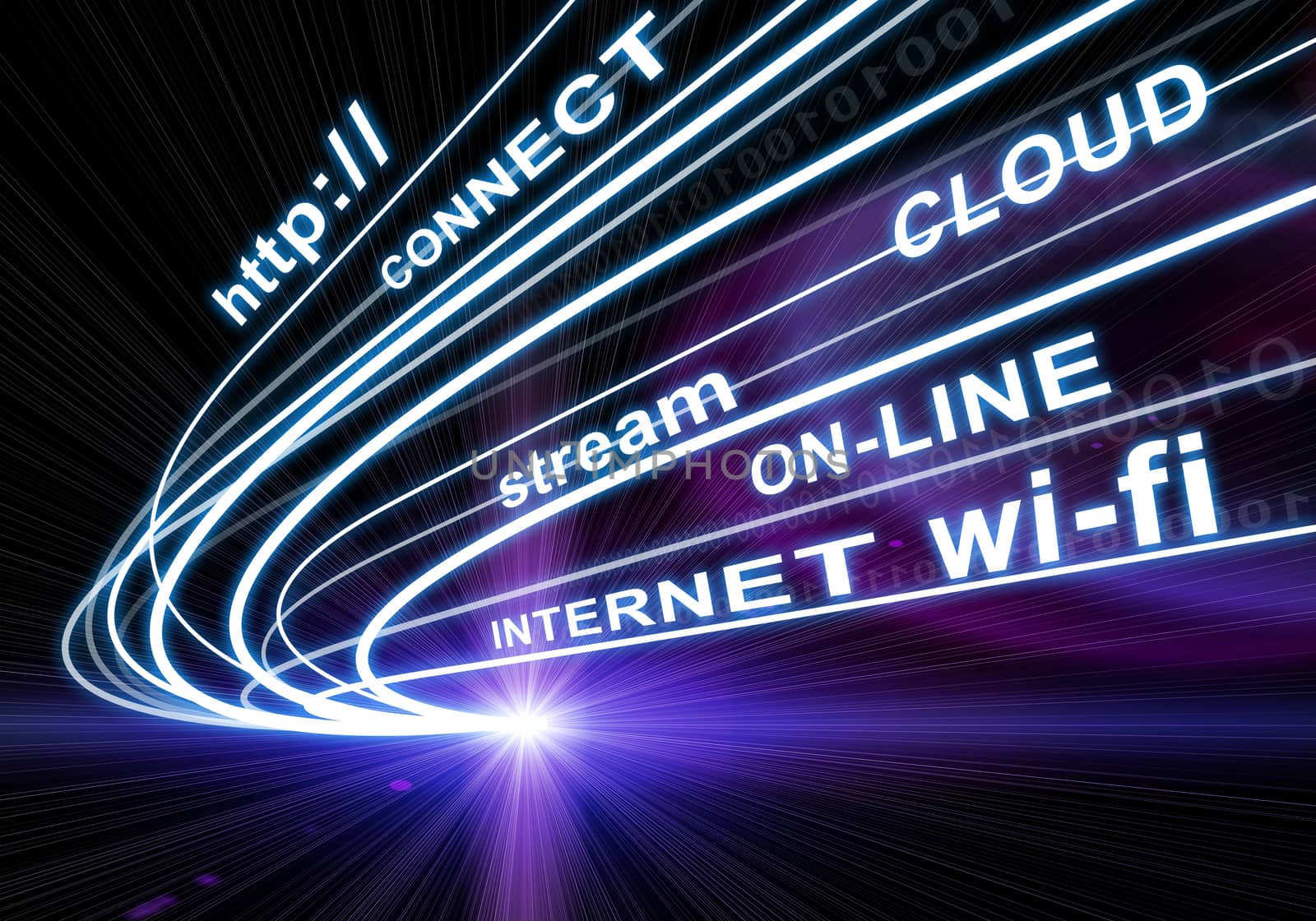 Stream of light beams with inscribed binary code and words http, connect, cloud, stream, on-line, internet, wi-fi on dark background. Communication concept.