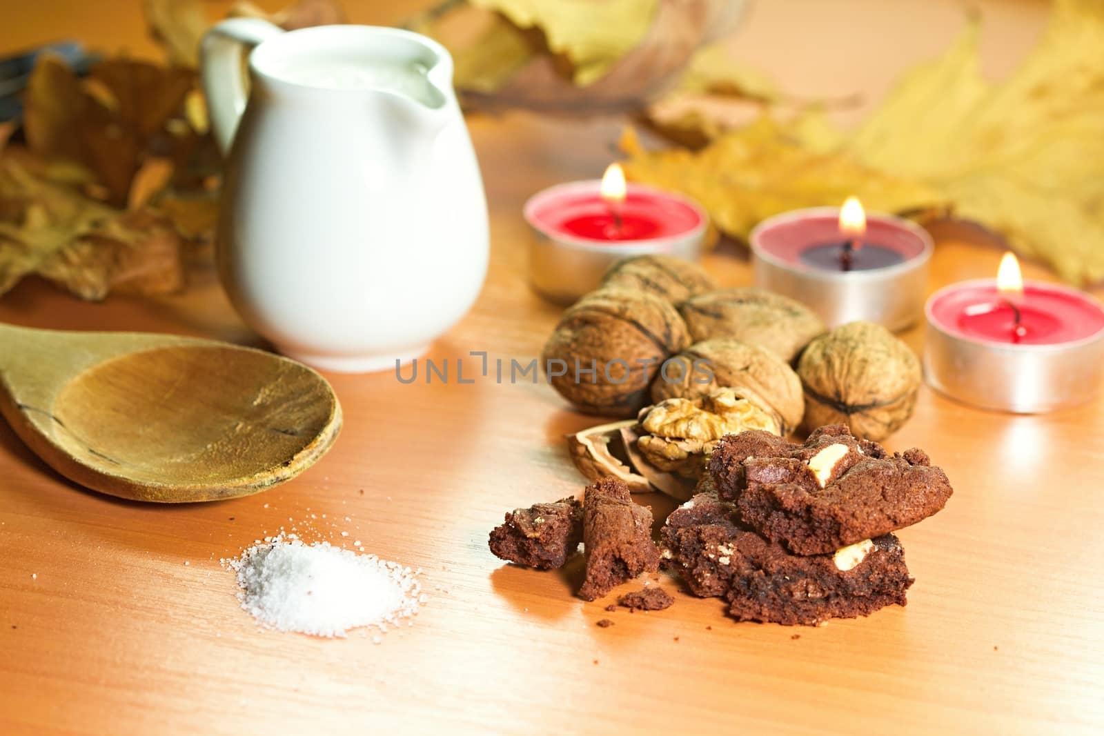 Photo shows a closeup of a various baking ingredients on a table.