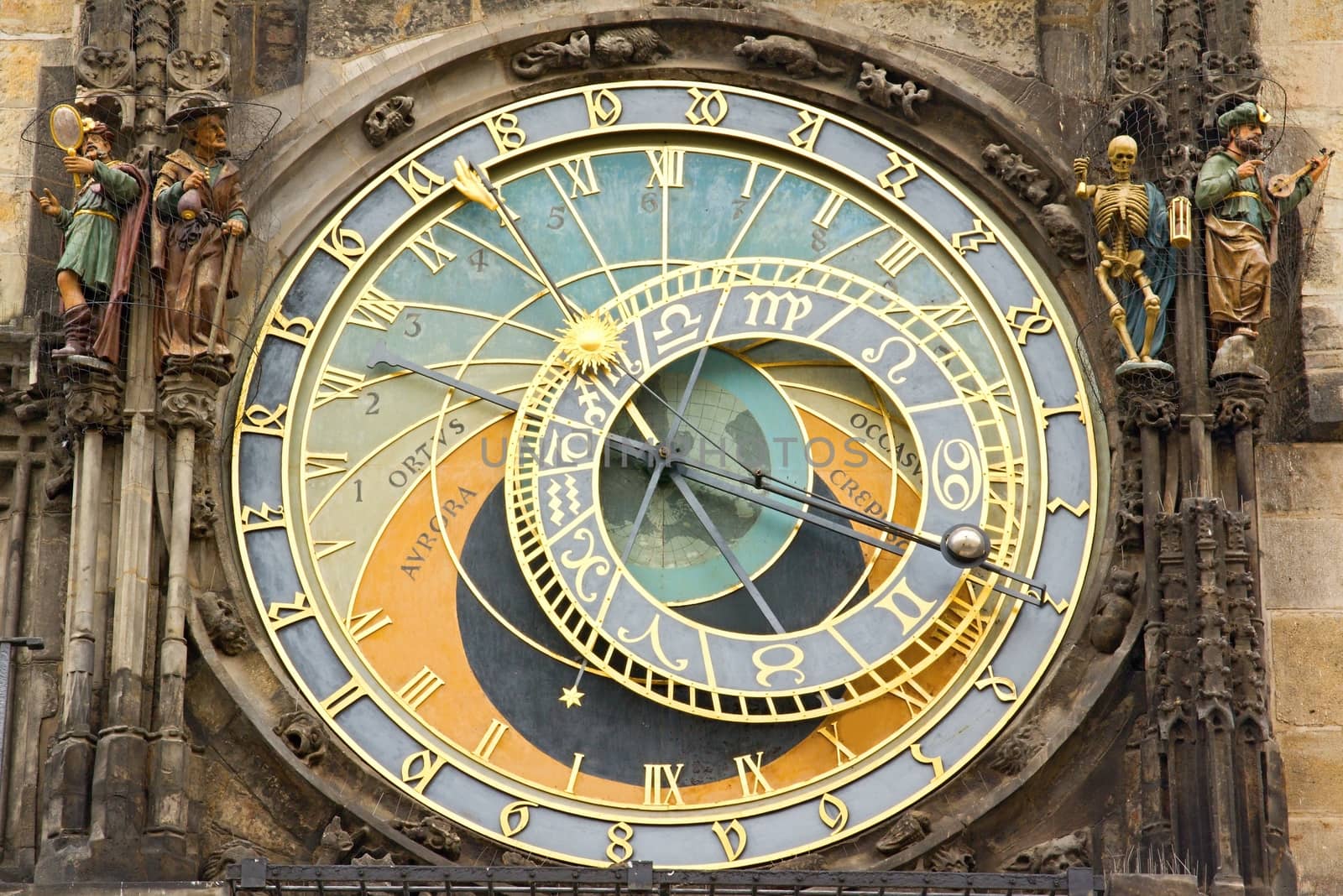 Photo shows a closeup of the Prague Astronomical Clock (Orloj) in the Old Town of Prague.