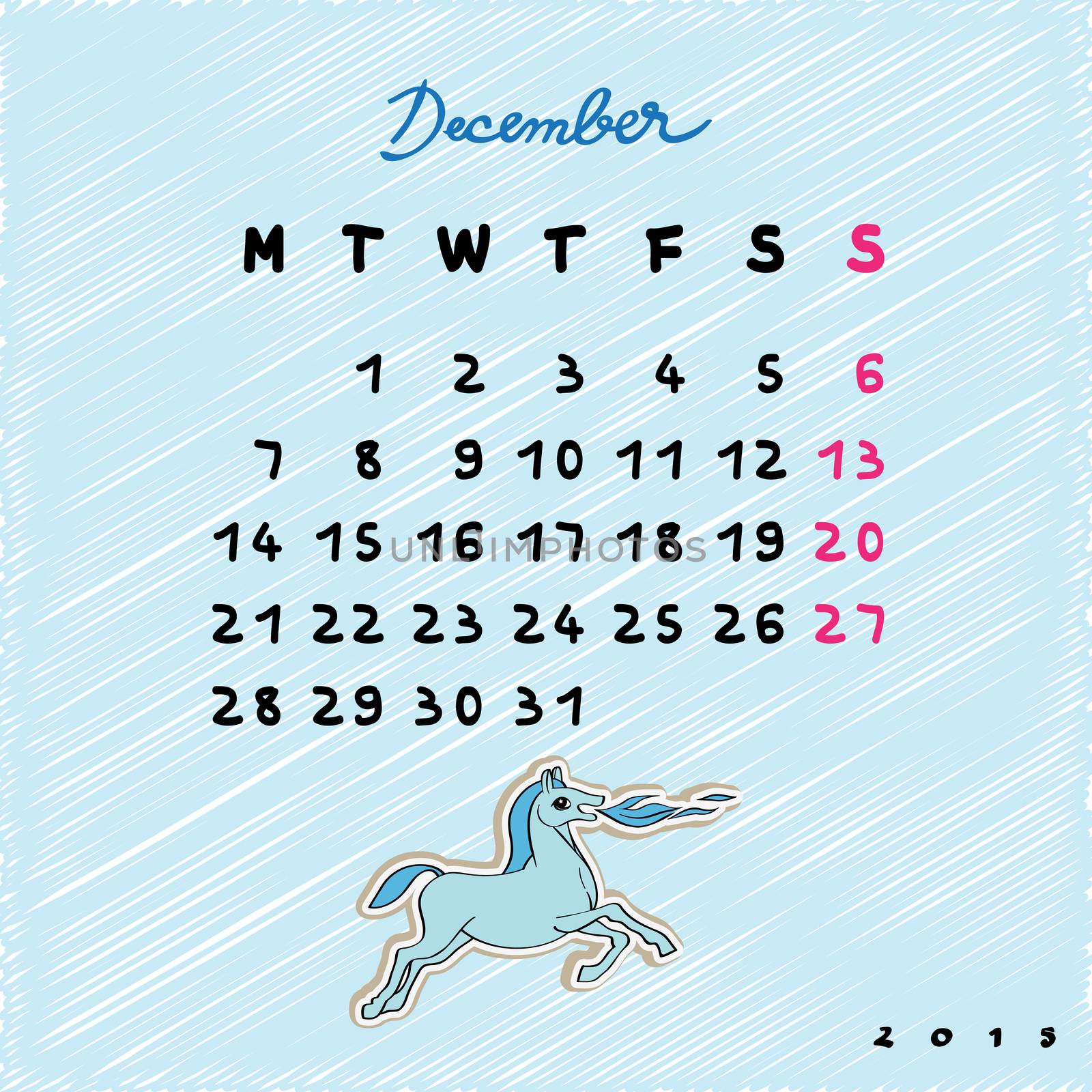 Calendar 2015 with toy horse, graphic illustration of December month calendar with original hand drawn text