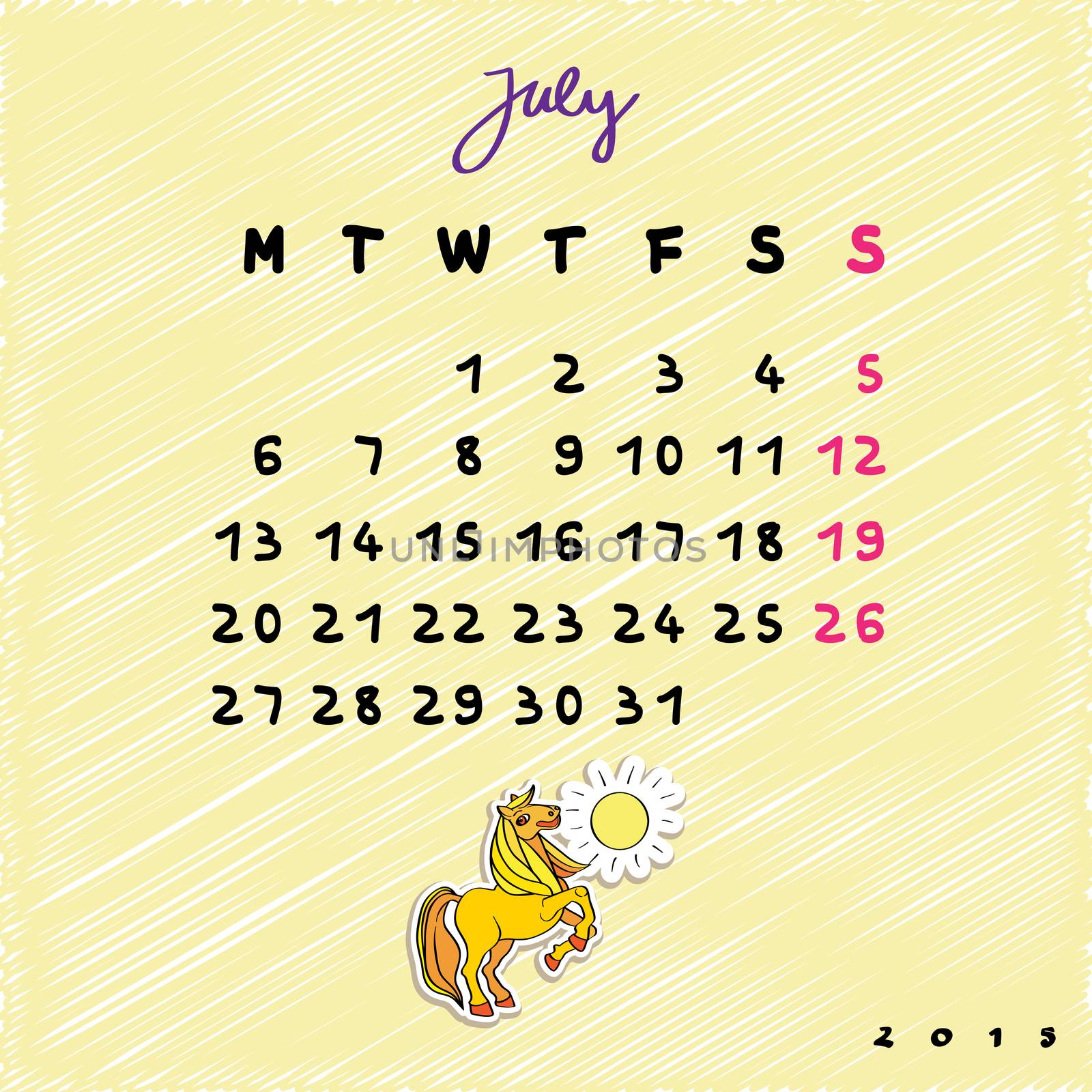 Calendar 2015 with toy horse, graphic illustration of July month calendar with original hand drawn text