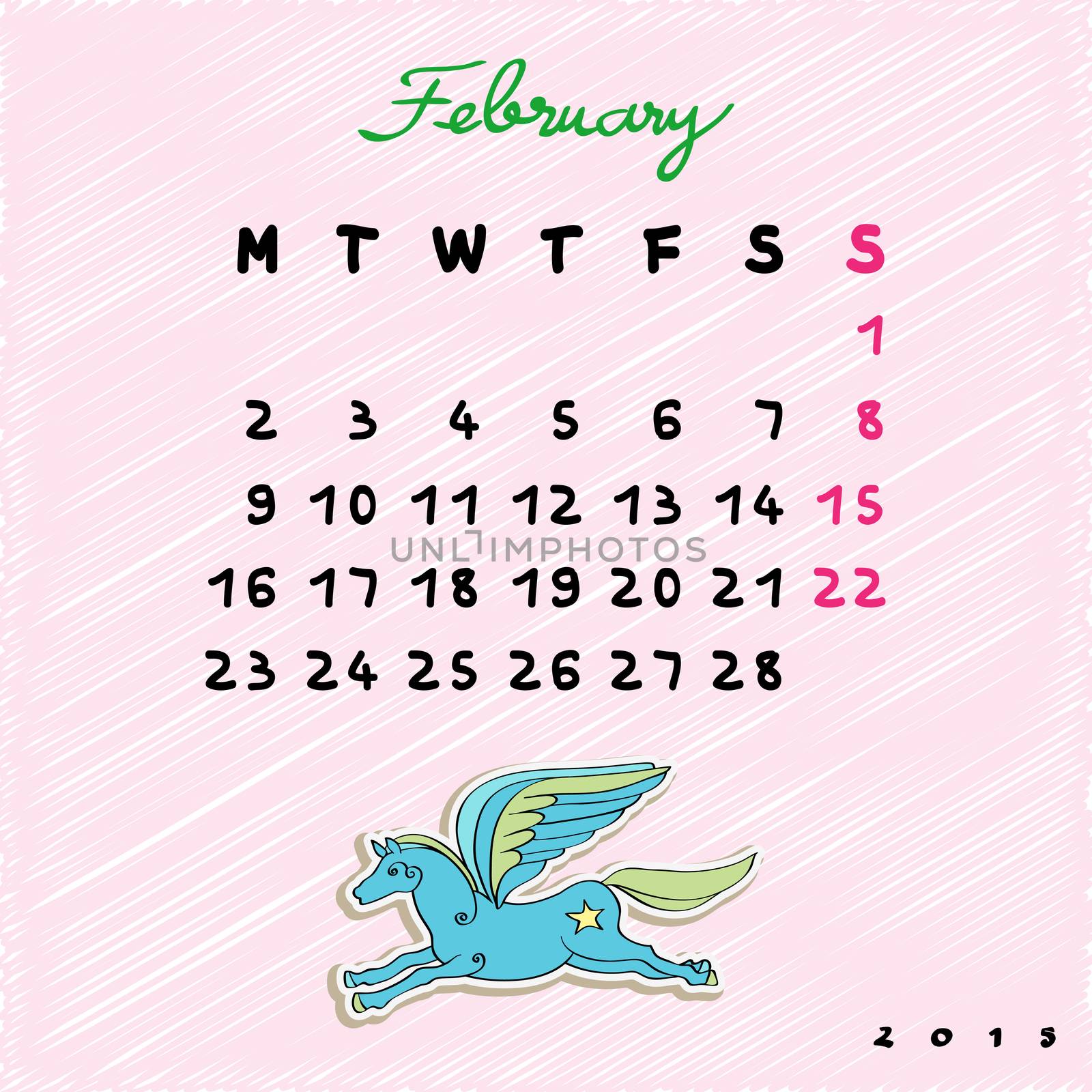 Calendar 2015 with toy horse, graphic illustration of February month calendar with original hand drawn text