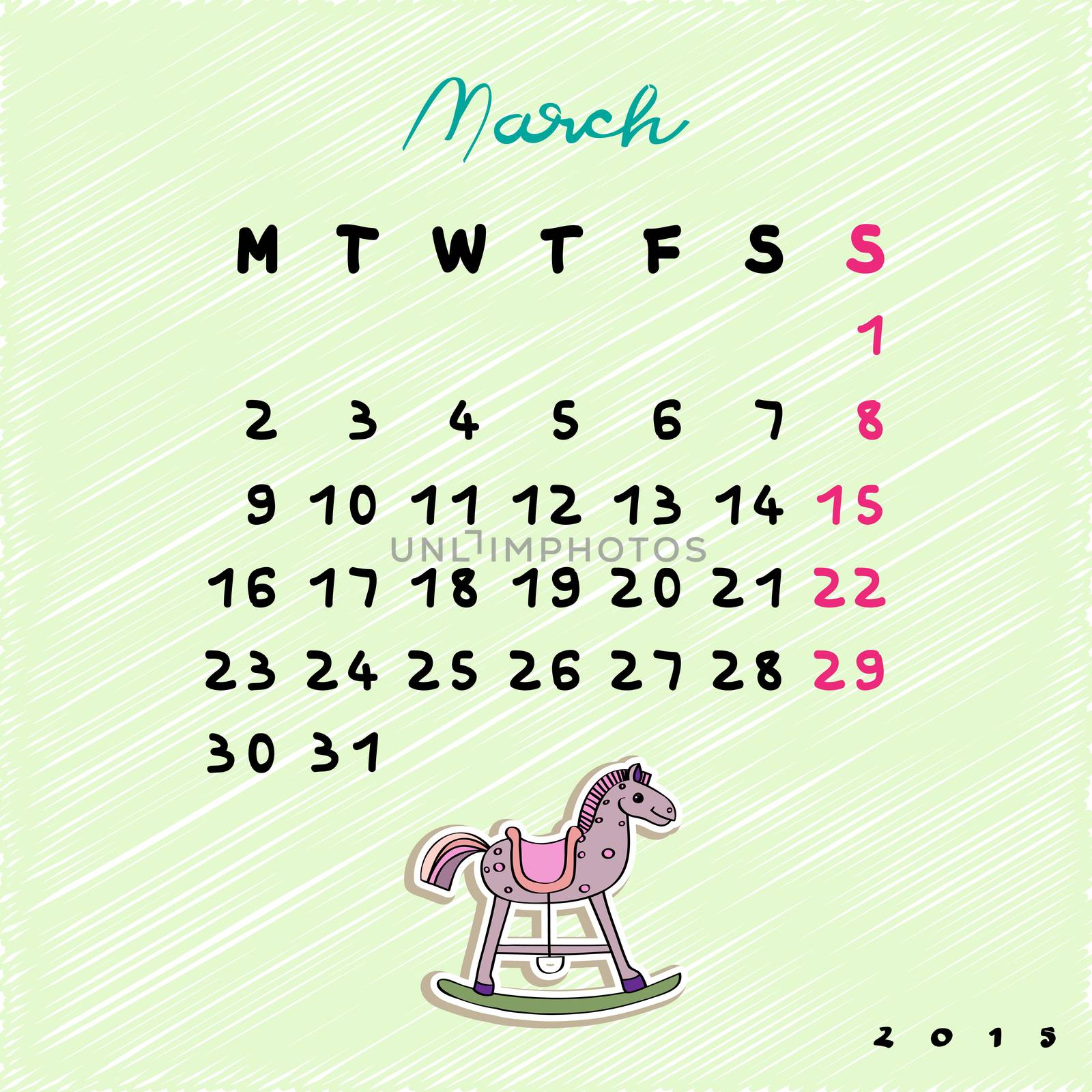 Calendar 2015 with toy horse, graphic illustration of March month calendar with original hand drawn text