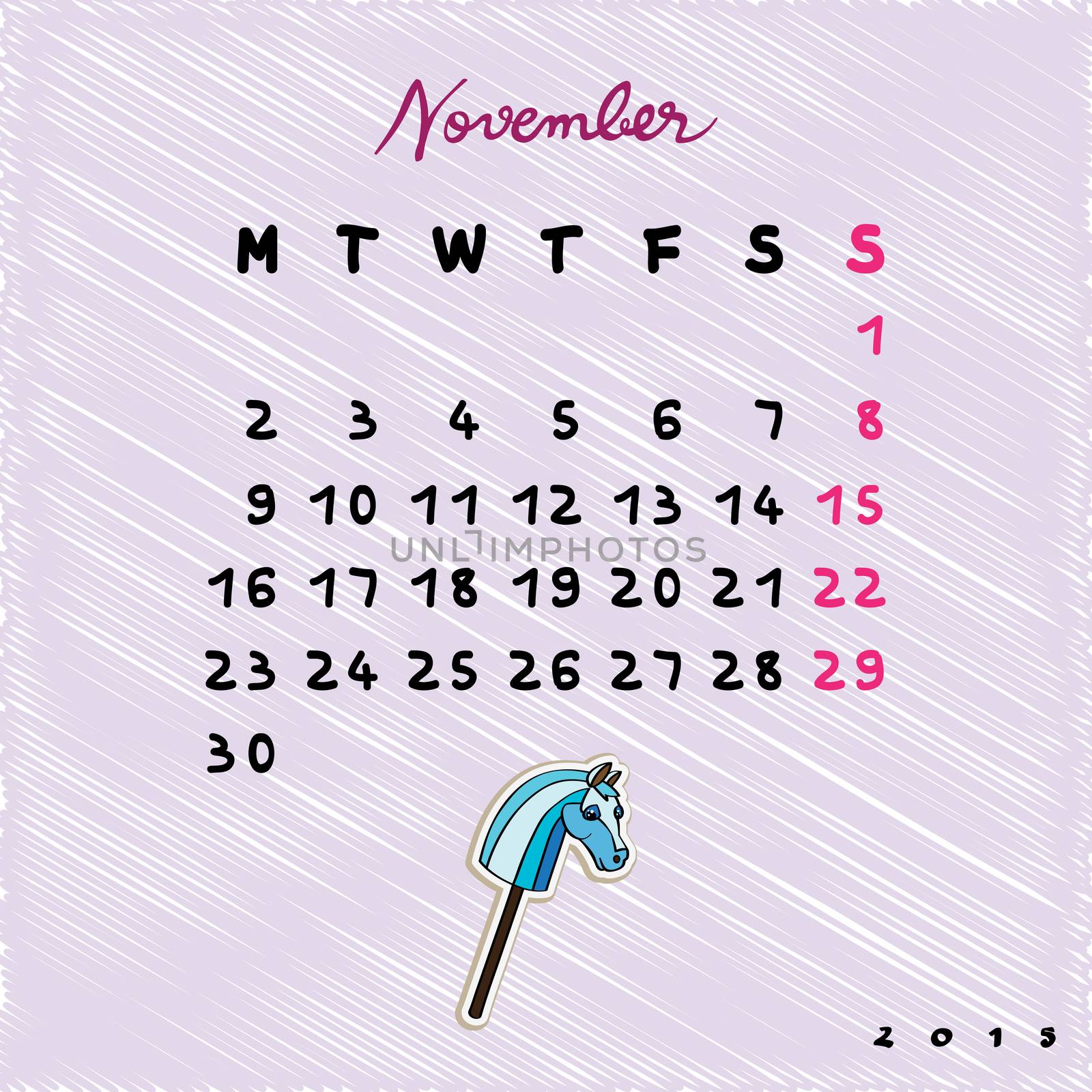 Calendar 2015 with toy horse, graphic illustration of November month calendar with original hand drawn text