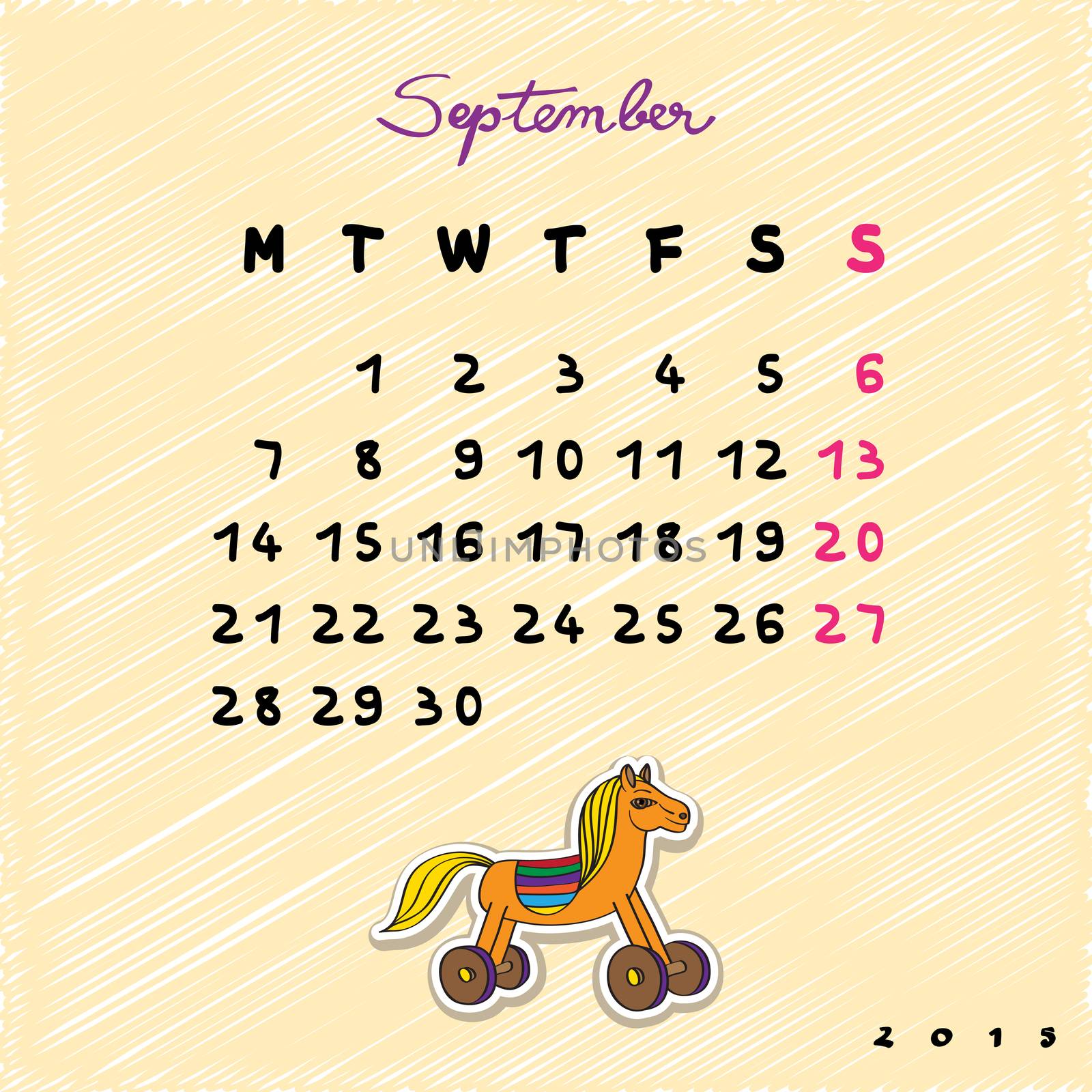 Calendar 2015 with toy horse, graphic illustration of September month calendar with original hand drawn text