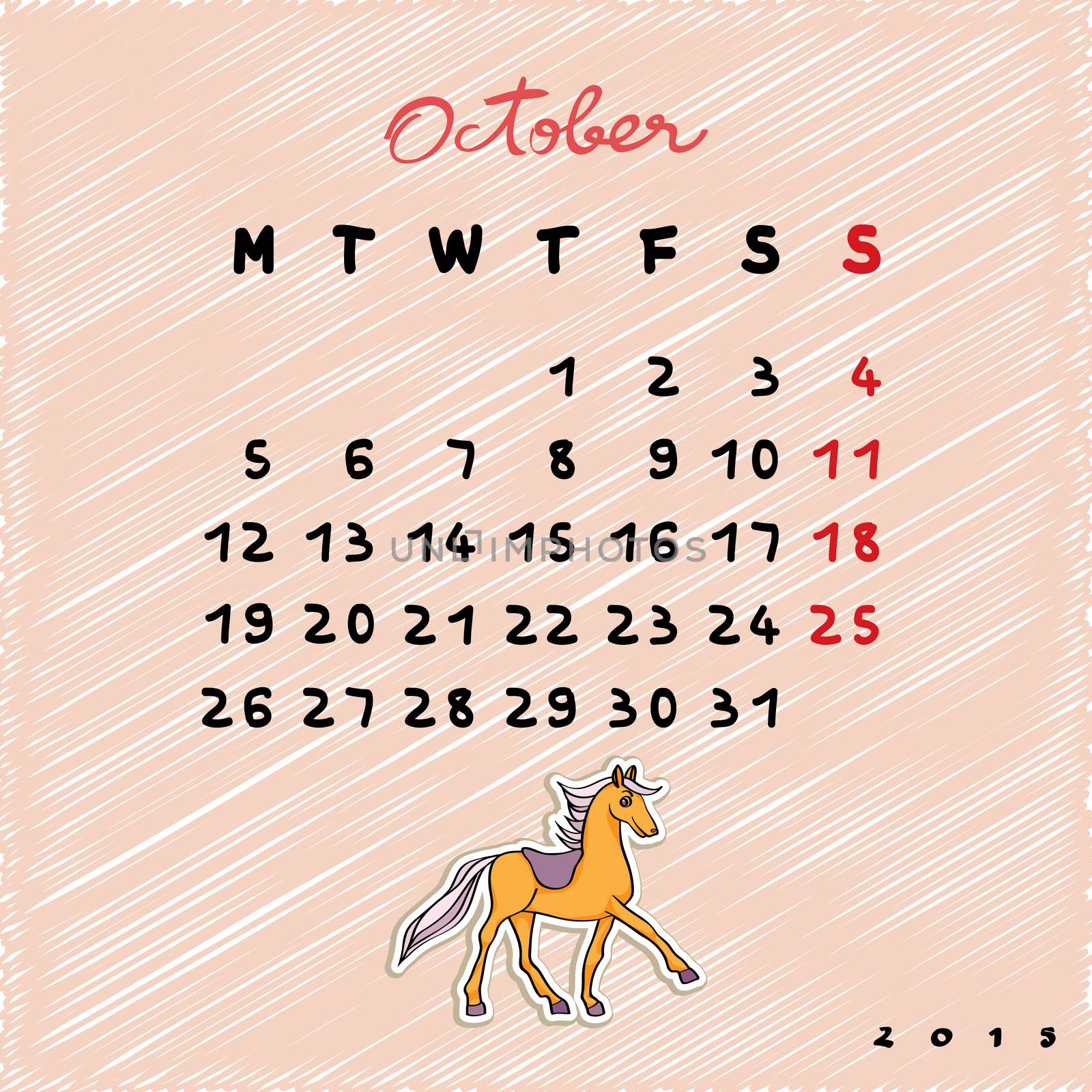 Calendar 2015 with toy horse, graphic illustration of October month calendar with original hand drawn text