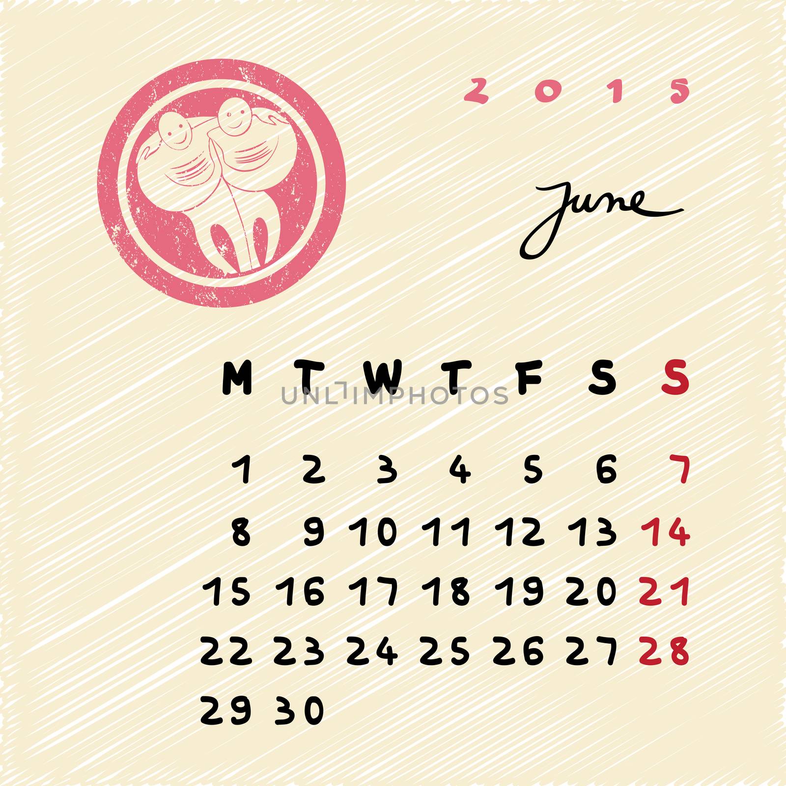 Calendar 2015 page illustration with zodiac sign of Gemini as grungy stamp over a colored scribble background, June