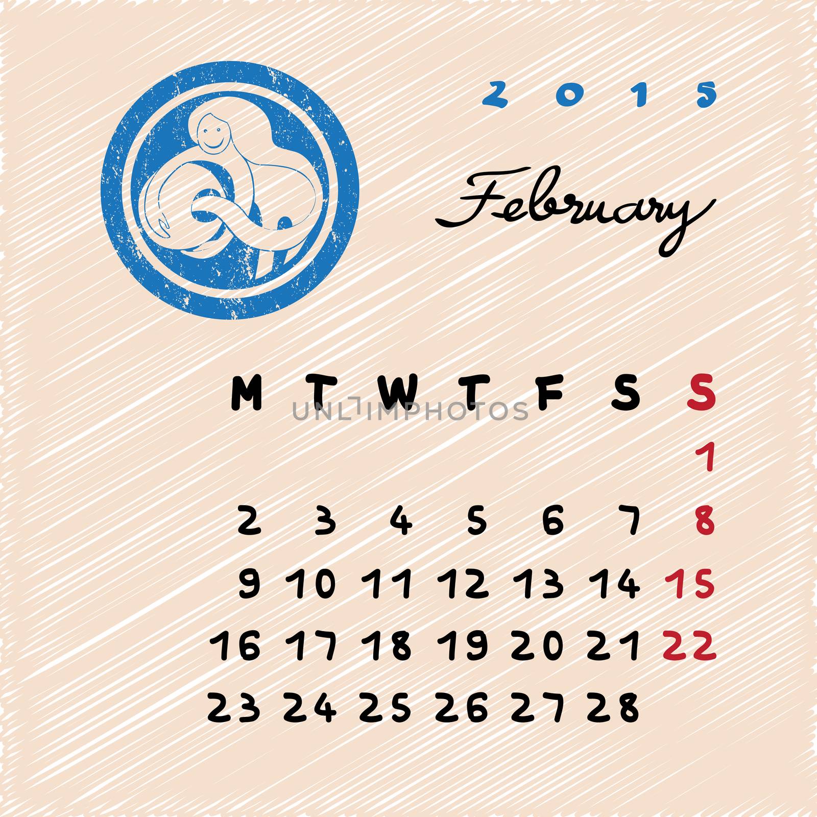 Calendar 2015 page illustration with zodiac sign of Aquarius as grungy stamp over a colored scribble background, February
