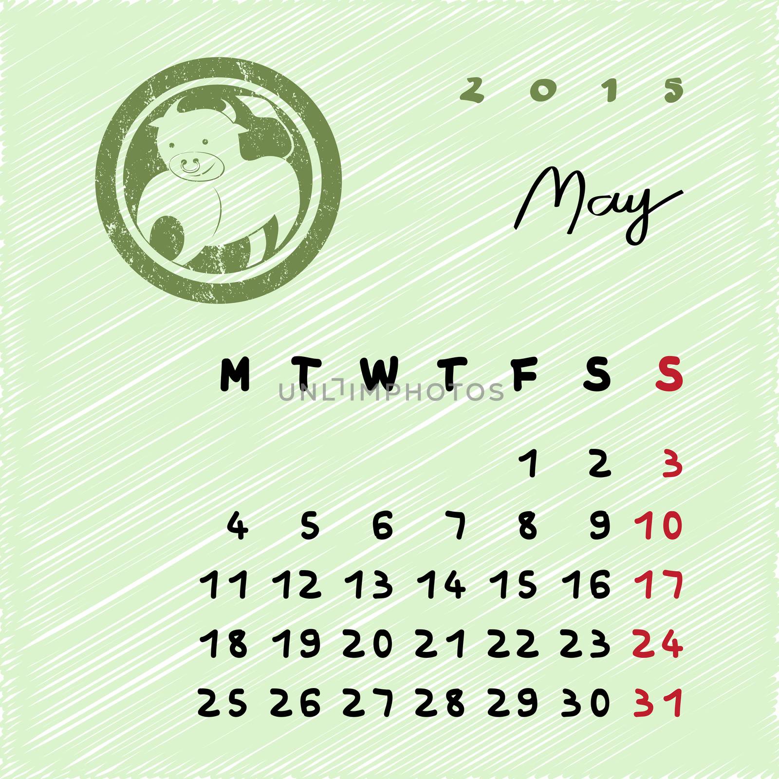 Calendar 2015 page illustration with zodiac sign of Taurus as grungy stamp over a colored scribble background, may