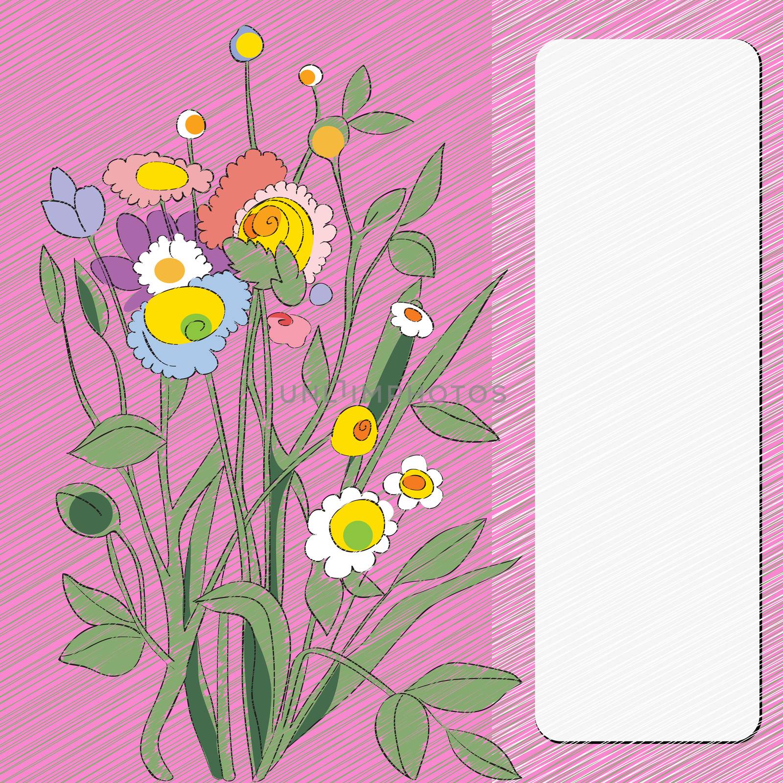 Flowers card, multicolored hand drawn illustration of a floral bouquet over a scribbled background