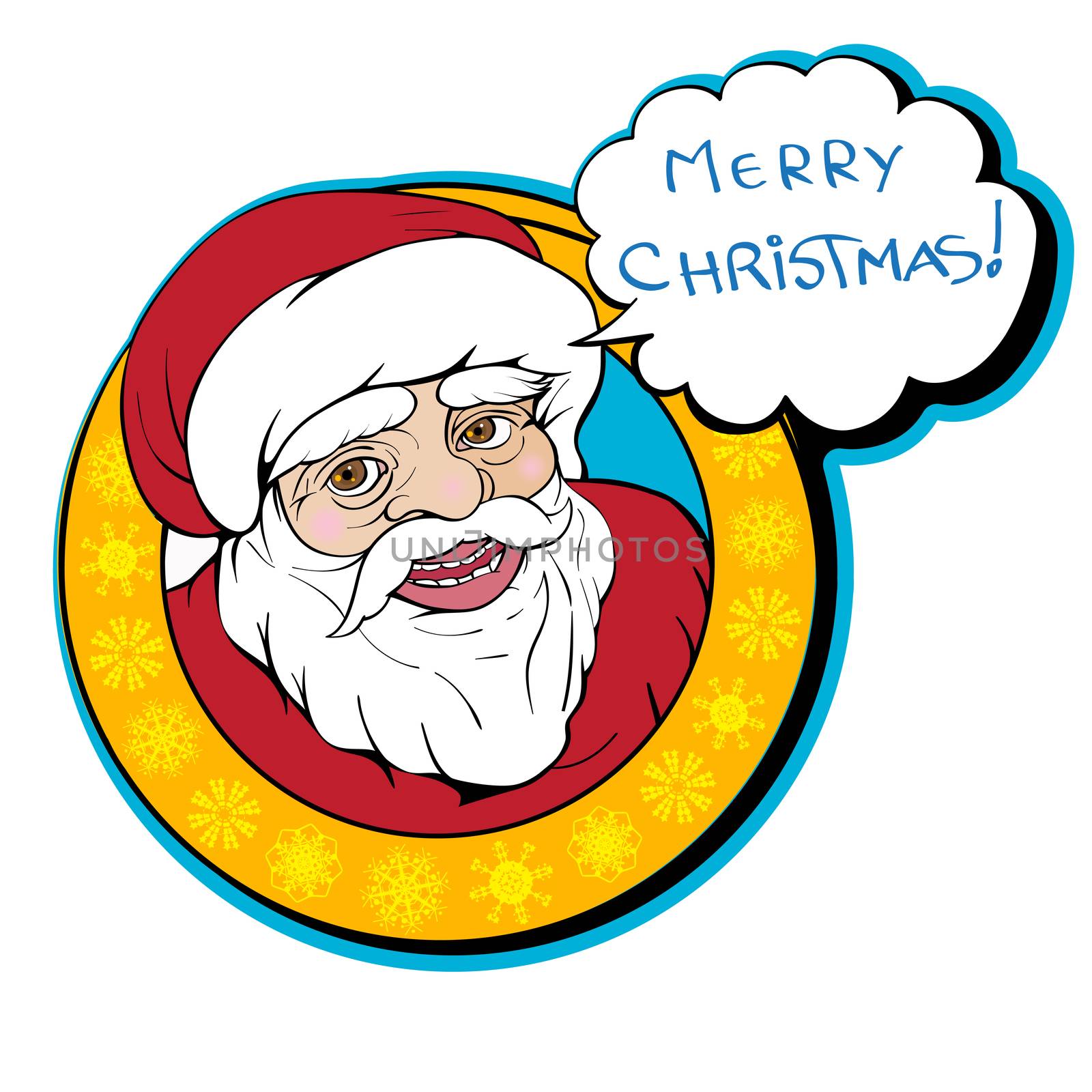 Santa Claus hand drawn illustration isolated on white, clip art with message in speech bubble for Christmas