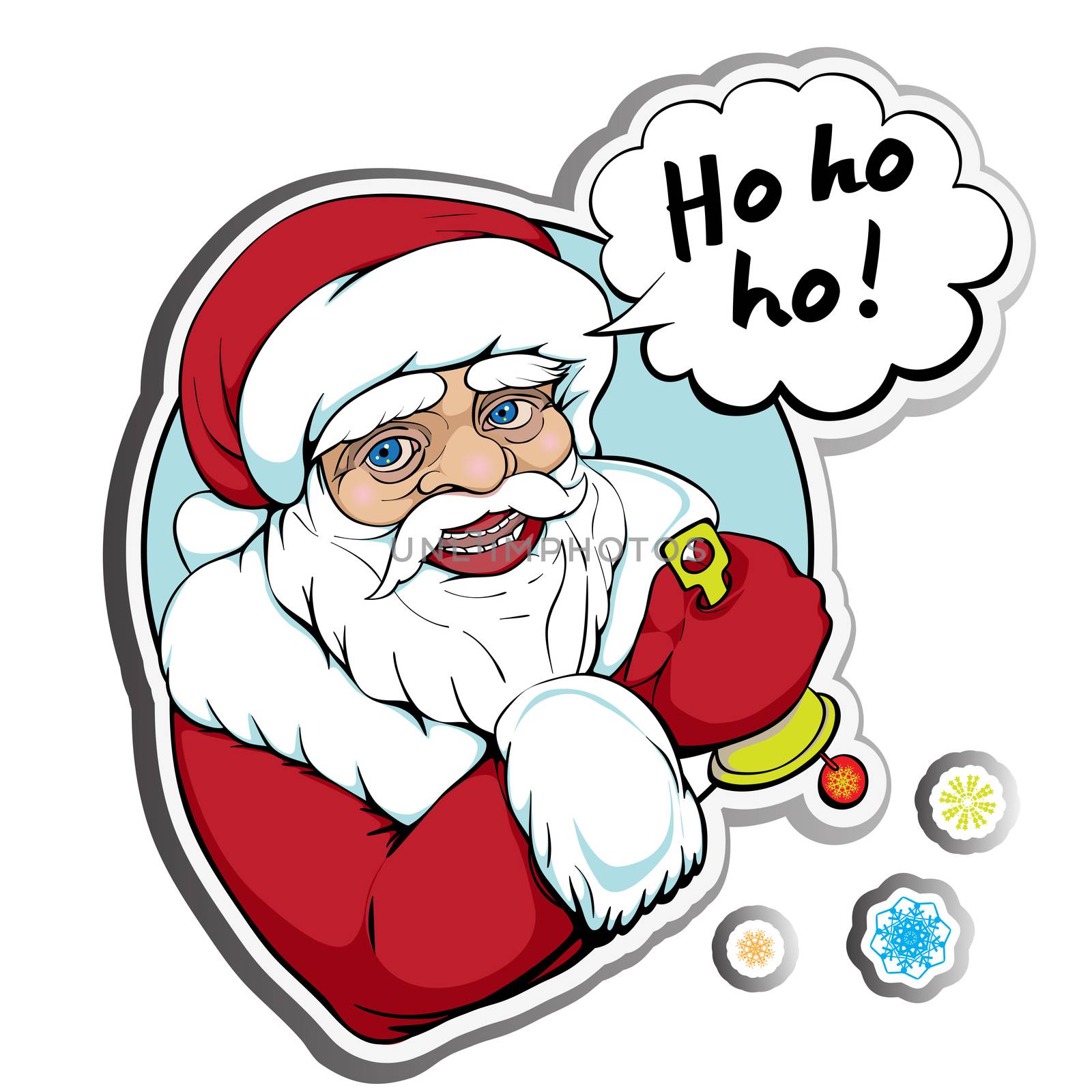 Santa Claus hand drawn illustration, sticker with speech bubble message for Christmas isolated on white