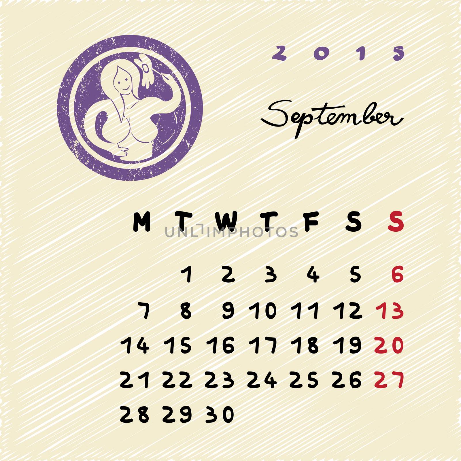 Calendar 2015 page illustration with zodiac sign of Virgo as grungy stamp over a colored scribble background, September