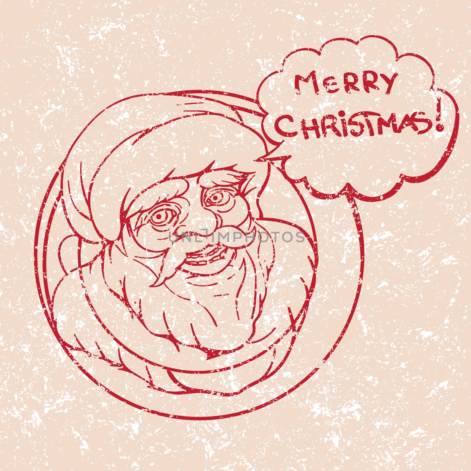 Santa Claus hand drawn illustration, retro grungy stamp greetings card with message in speech bubble for Christmas