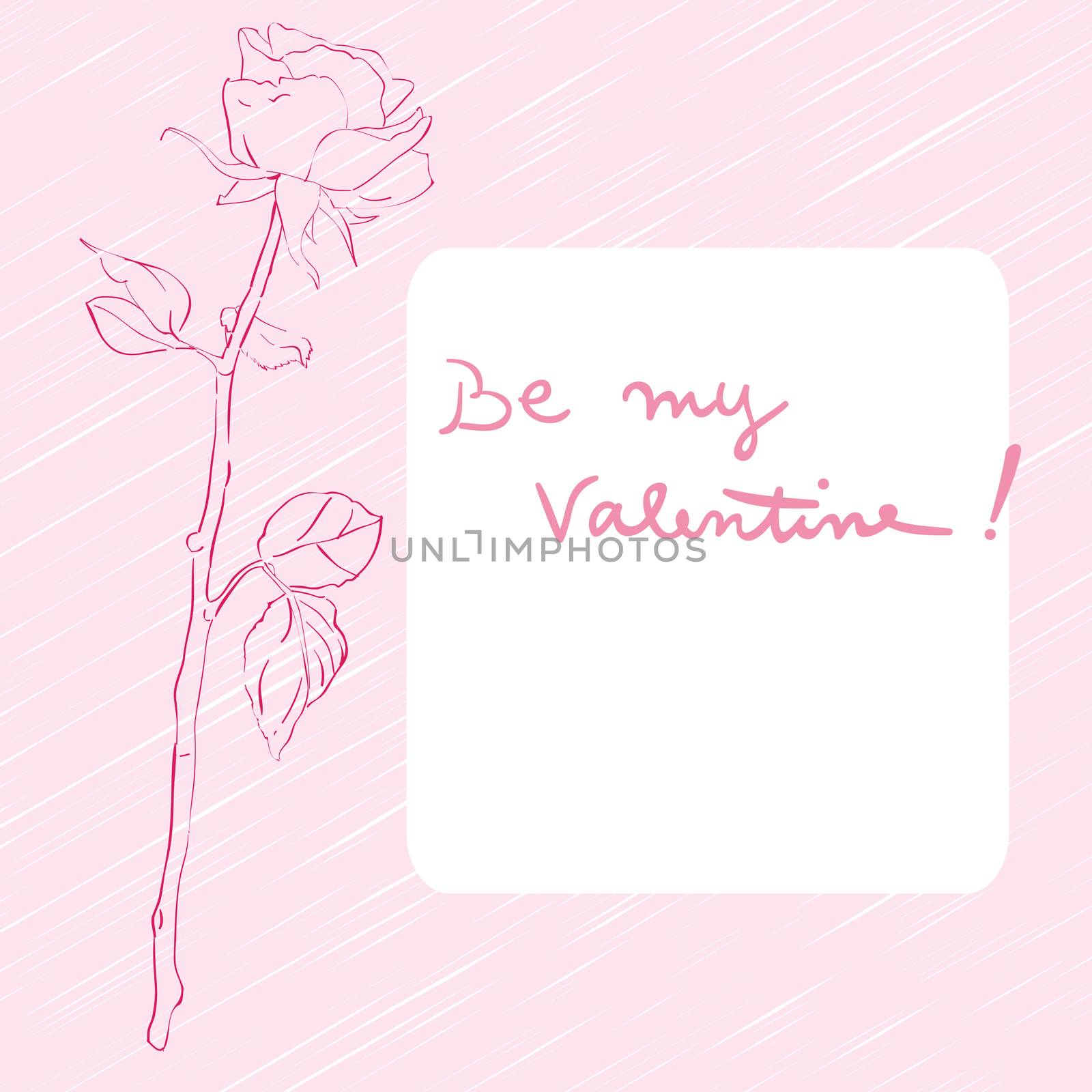 Valentine's Day card with rose hand drawn illustration over a vibrant pink background and text over white label