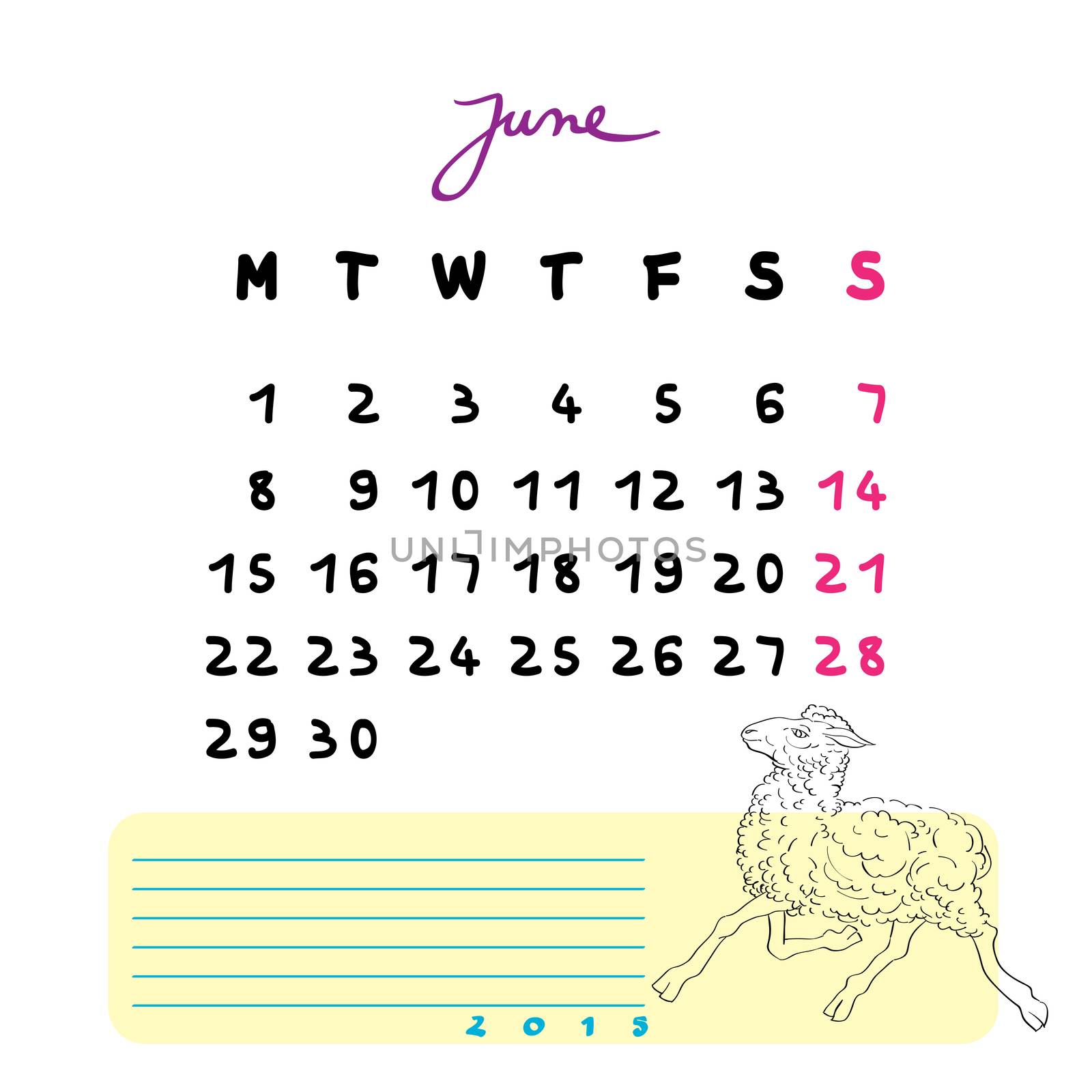 Calendar 2015 page illustration with sheep doodle and notes section over white, June