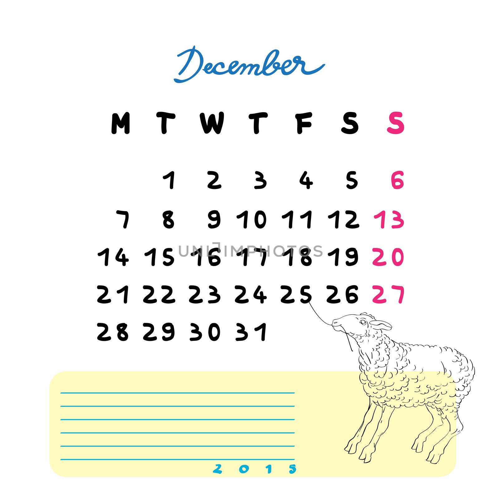 Calendar 2015 page illustration with sheep doodle and notes section over white, December