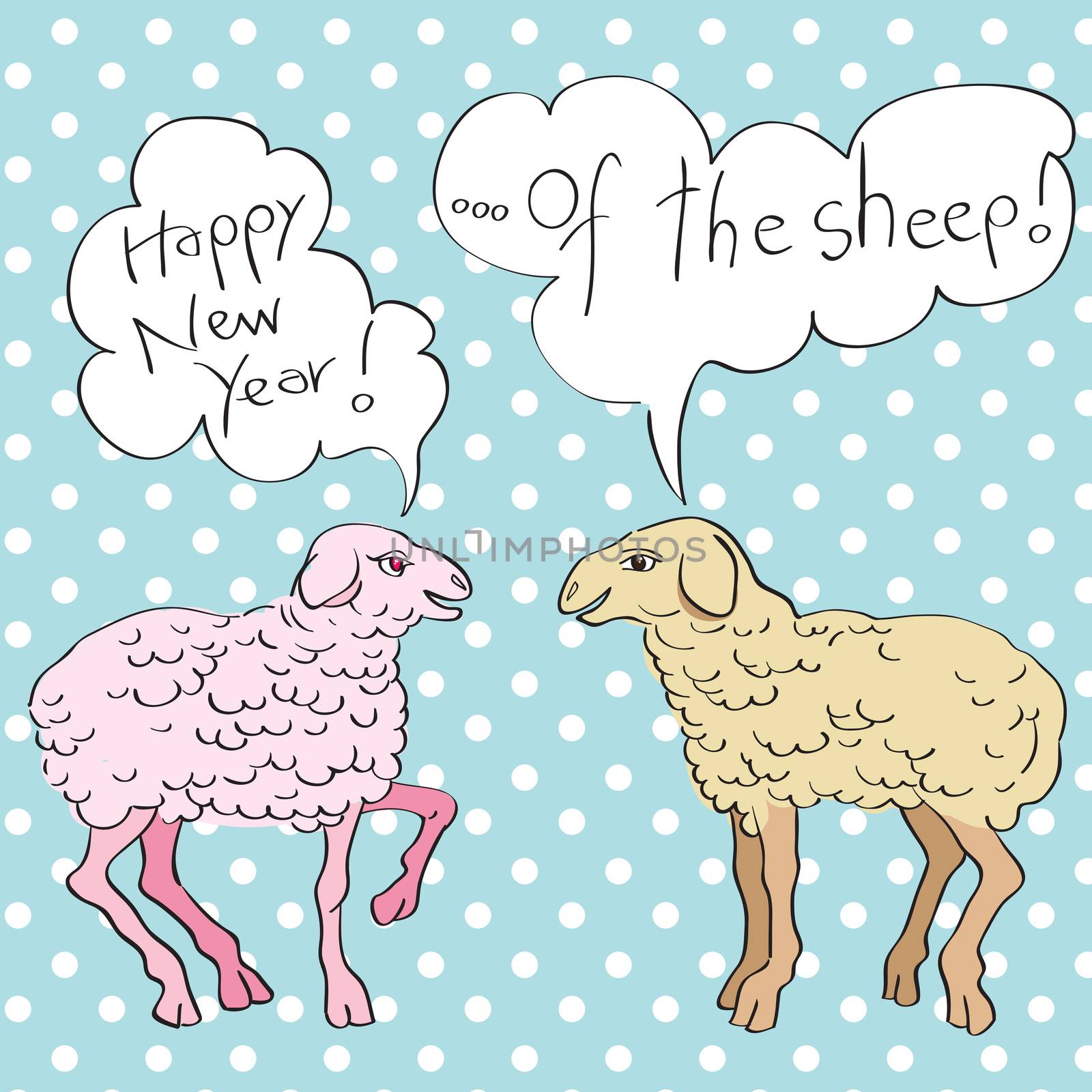 Happy new year of the sheep with conversation in speech bubbles, Pop Art illustration over a background with dots
