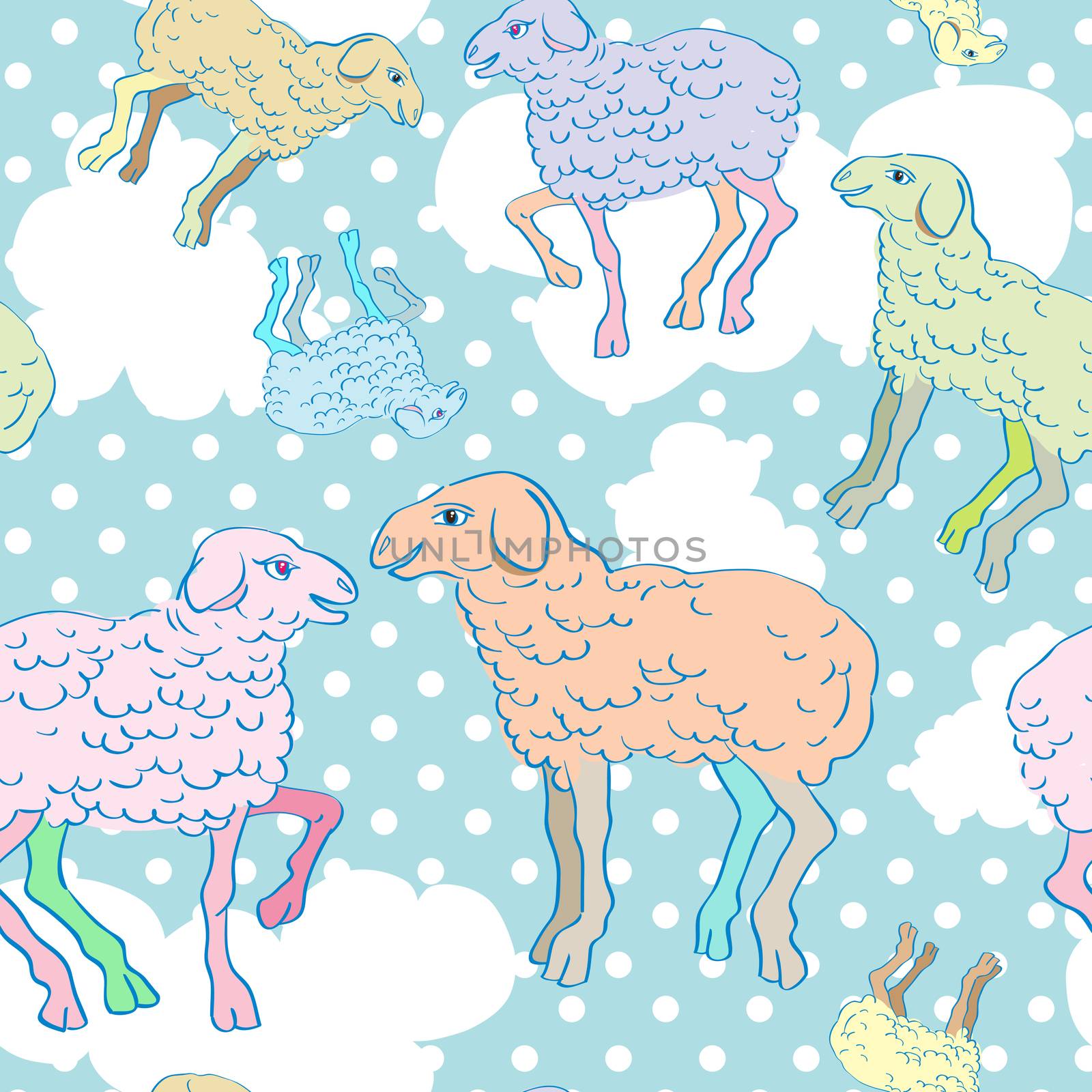 Sheep cartoons seamles pattern, childish illustration over a background with dots and clouds