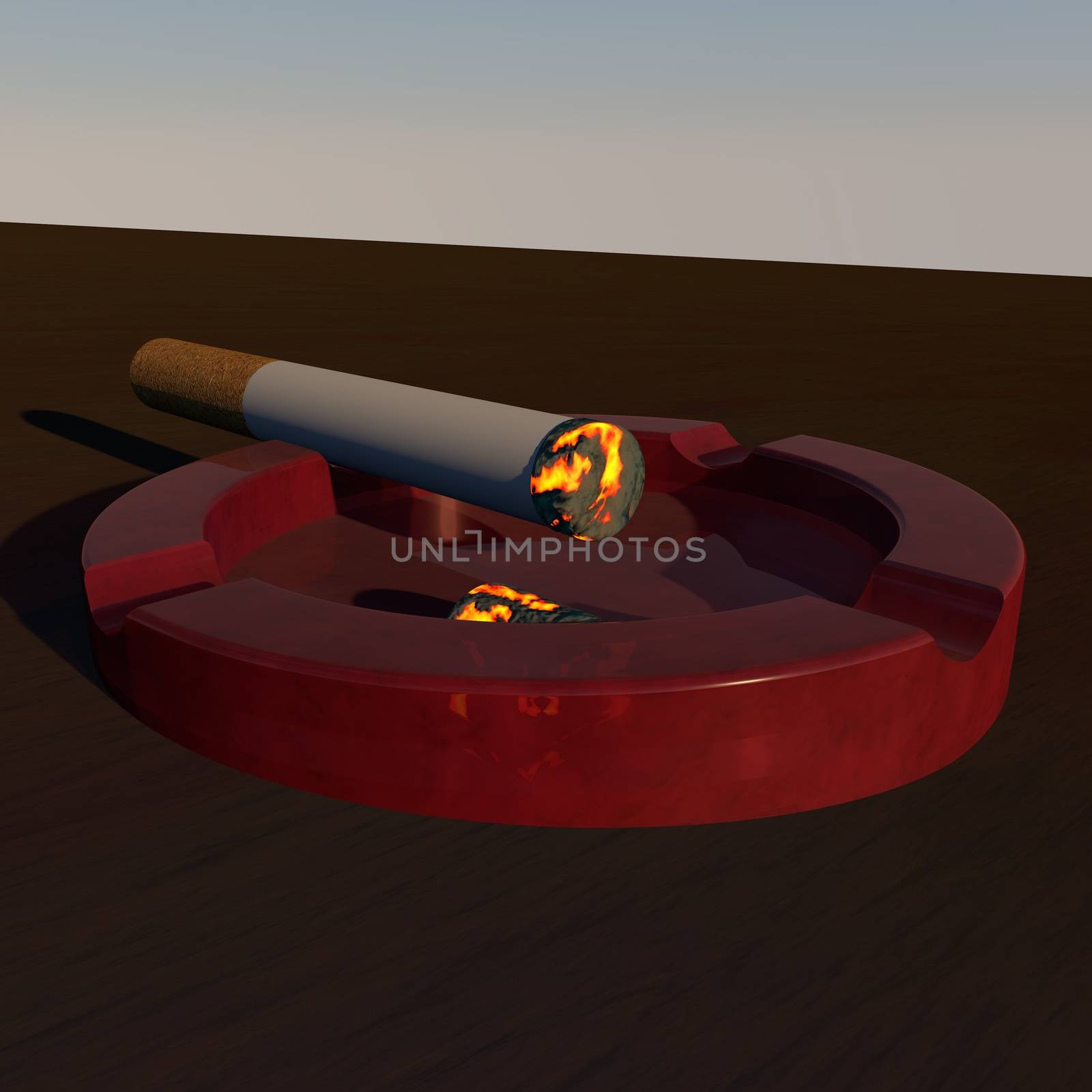 Cigarette in ashtray under sunset light, 3d render