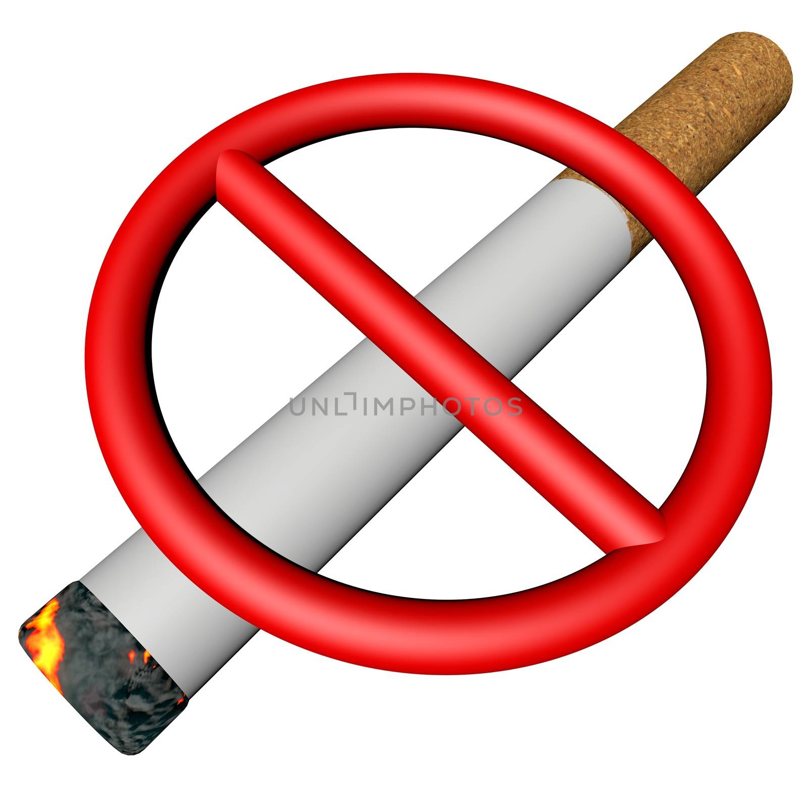 Prohibition sign over cigarette, isolated over white, 3d render