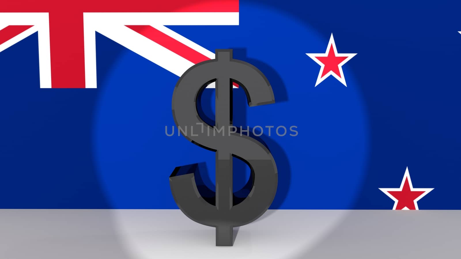 Currency symbol New Zealand Dollar made of dark metal in spotlight in front of flag