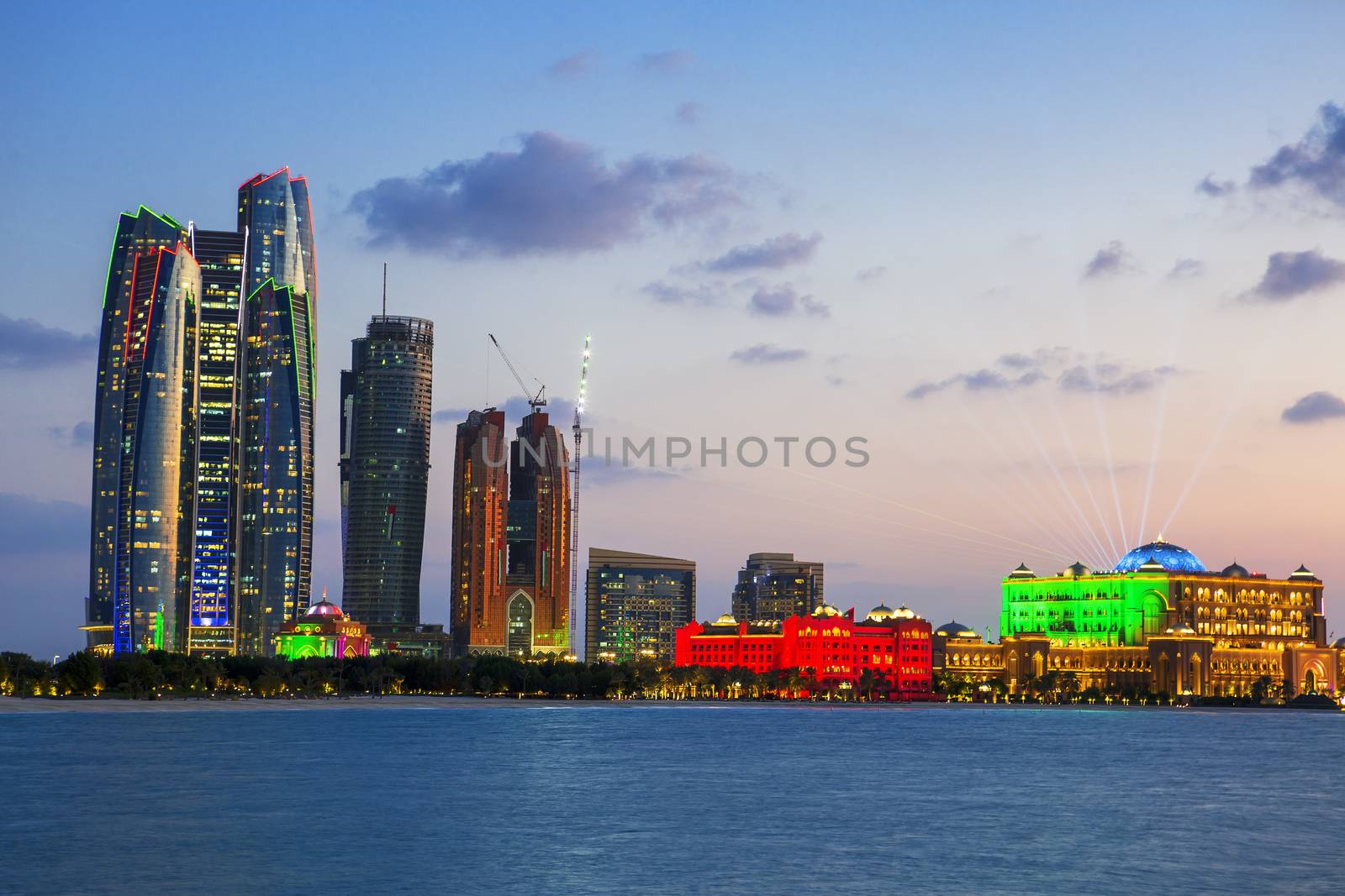 Skyscrapers in Abu Dhabi at dusk, United Arab Emirates 